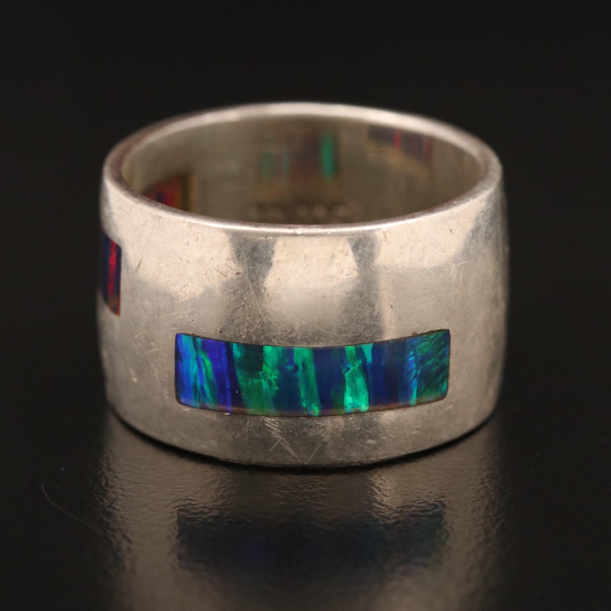 Sterling Silver Inlaid Opal Cigar Band