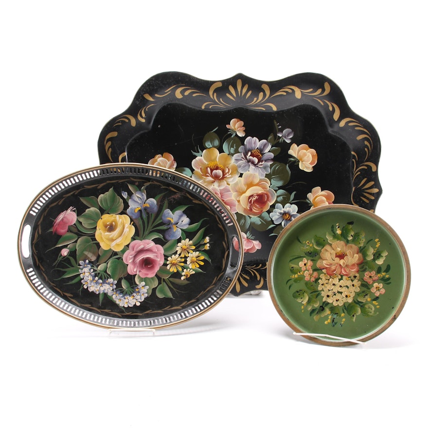 Hand-Painted Floral Toleware Trays, Mid-20th Century