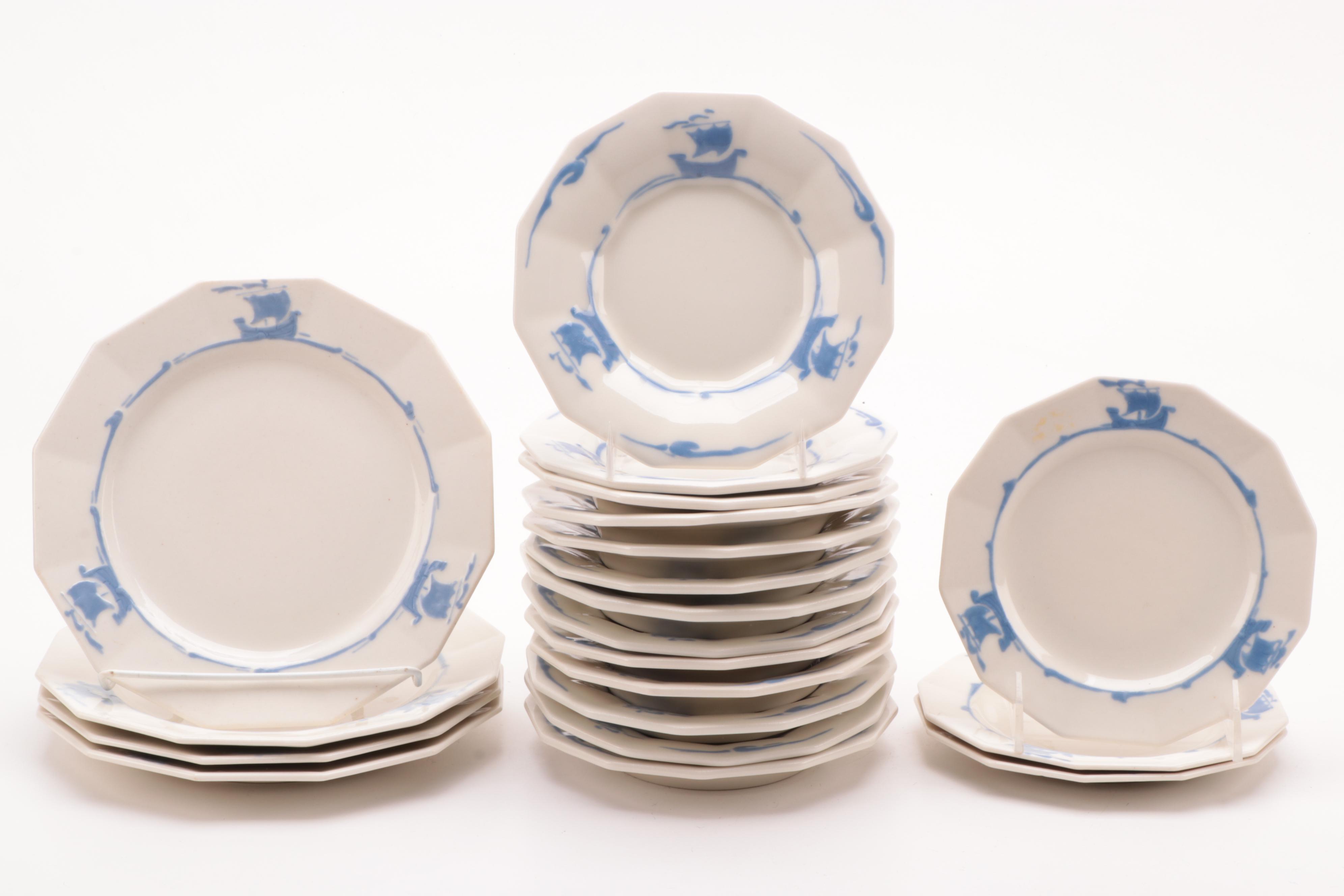 Rookwood Pottery "Blue Ship" Earthenware Dinnerware, Late 19th C.