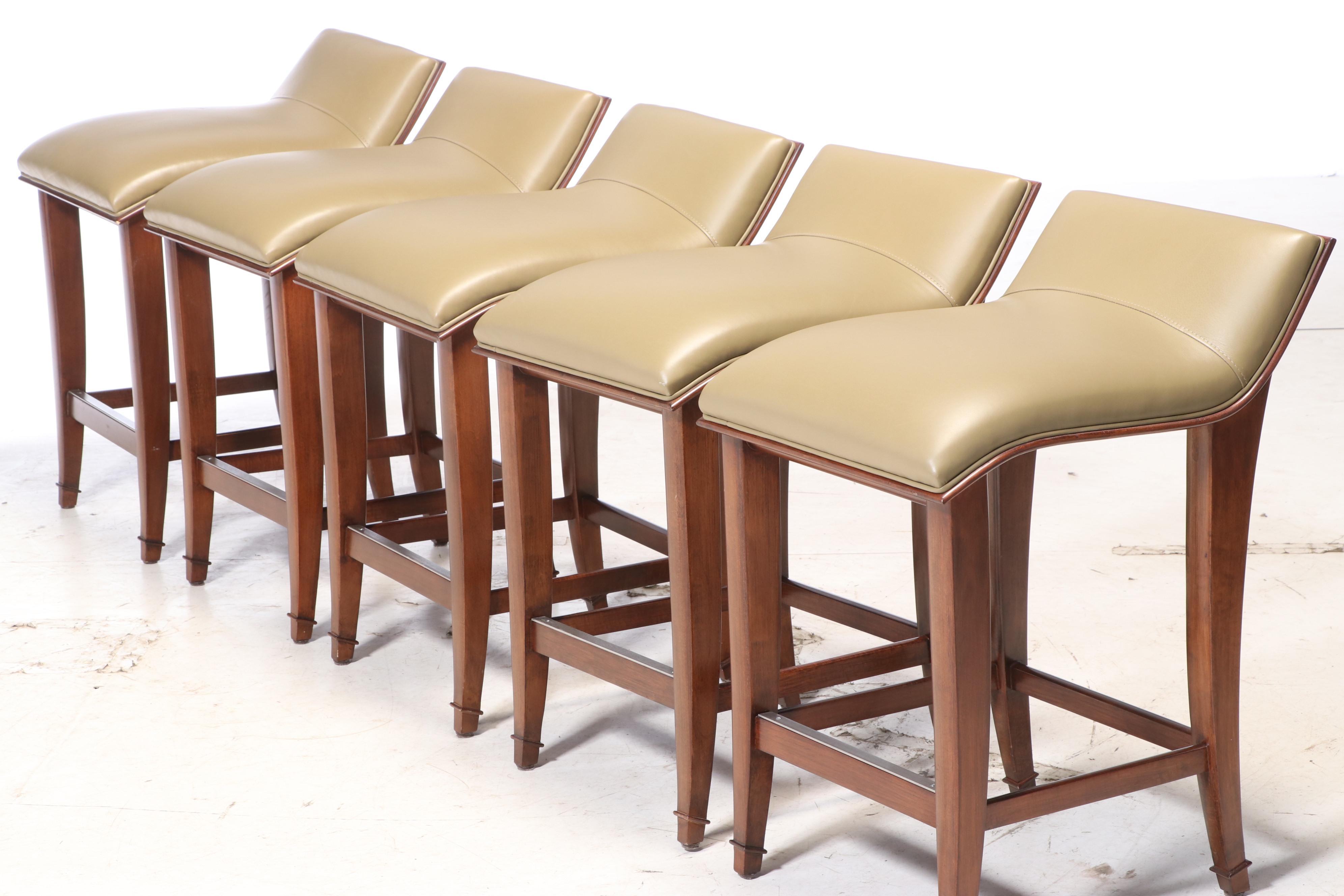 Set of Five Contemporary Walnut and Leather Counter Stools