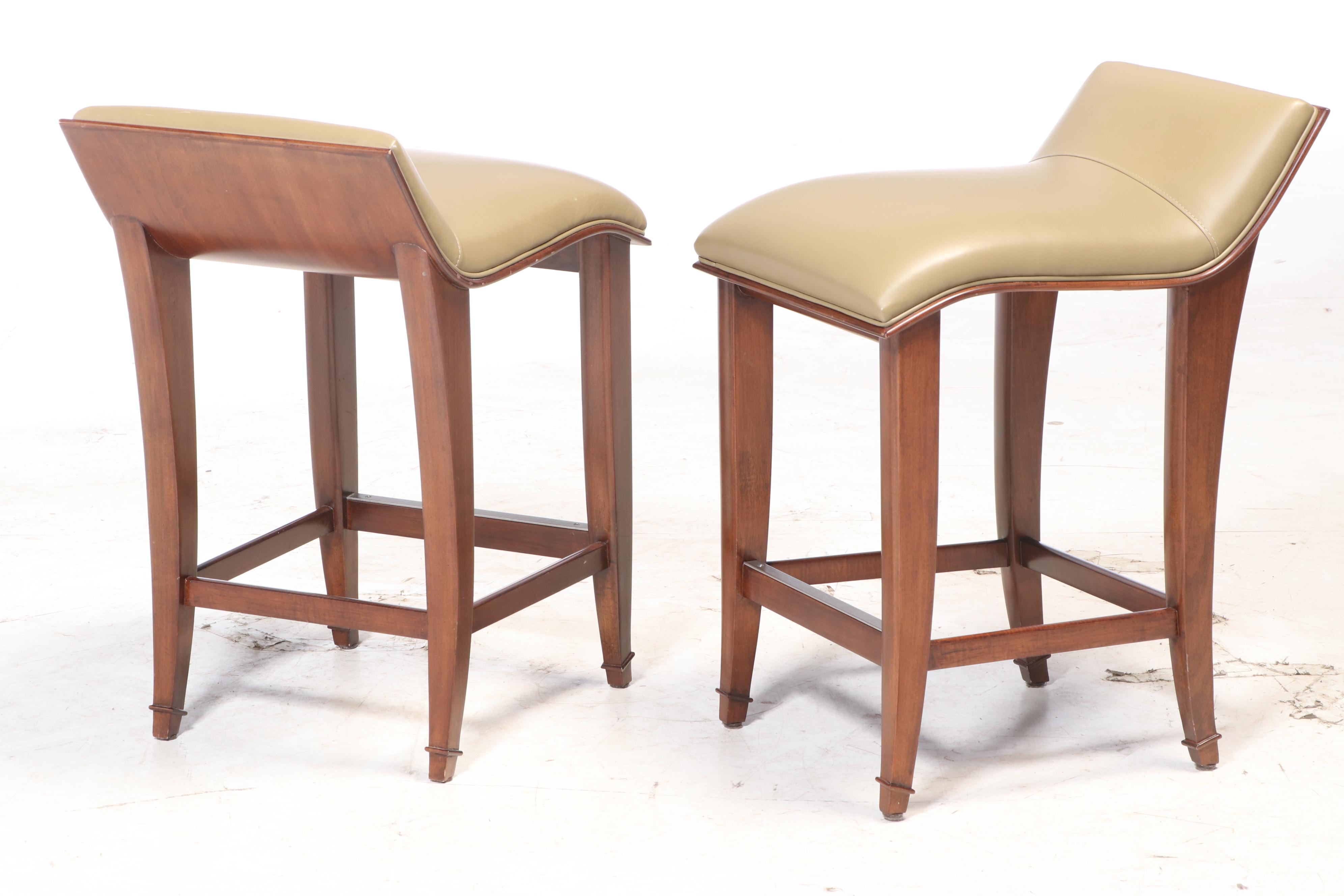 Set of Five Contemporary Walnut and Leather Counter Stools