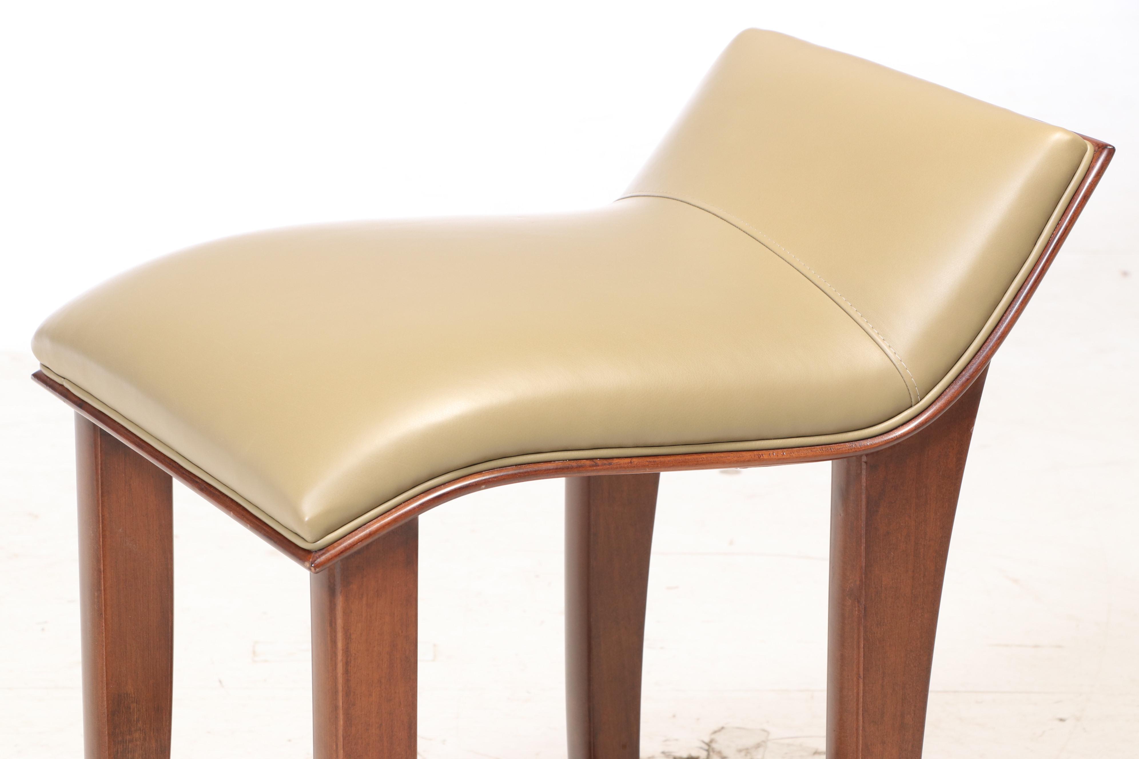 Set of Five Contemporary Walnut and Leather Counter Stools