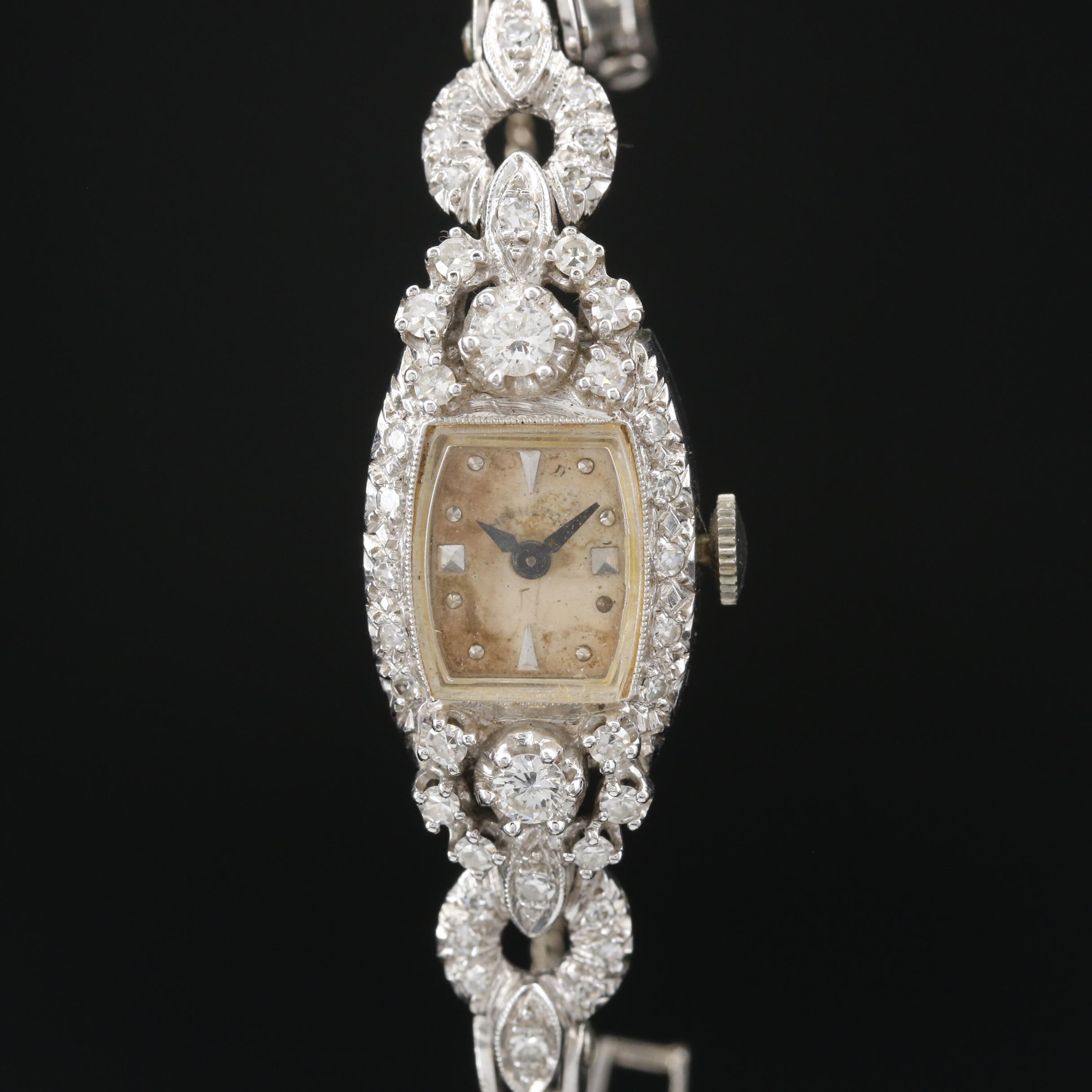 14K Gold Hamilton 1.00 CTW Diamond Stem Wind Watch