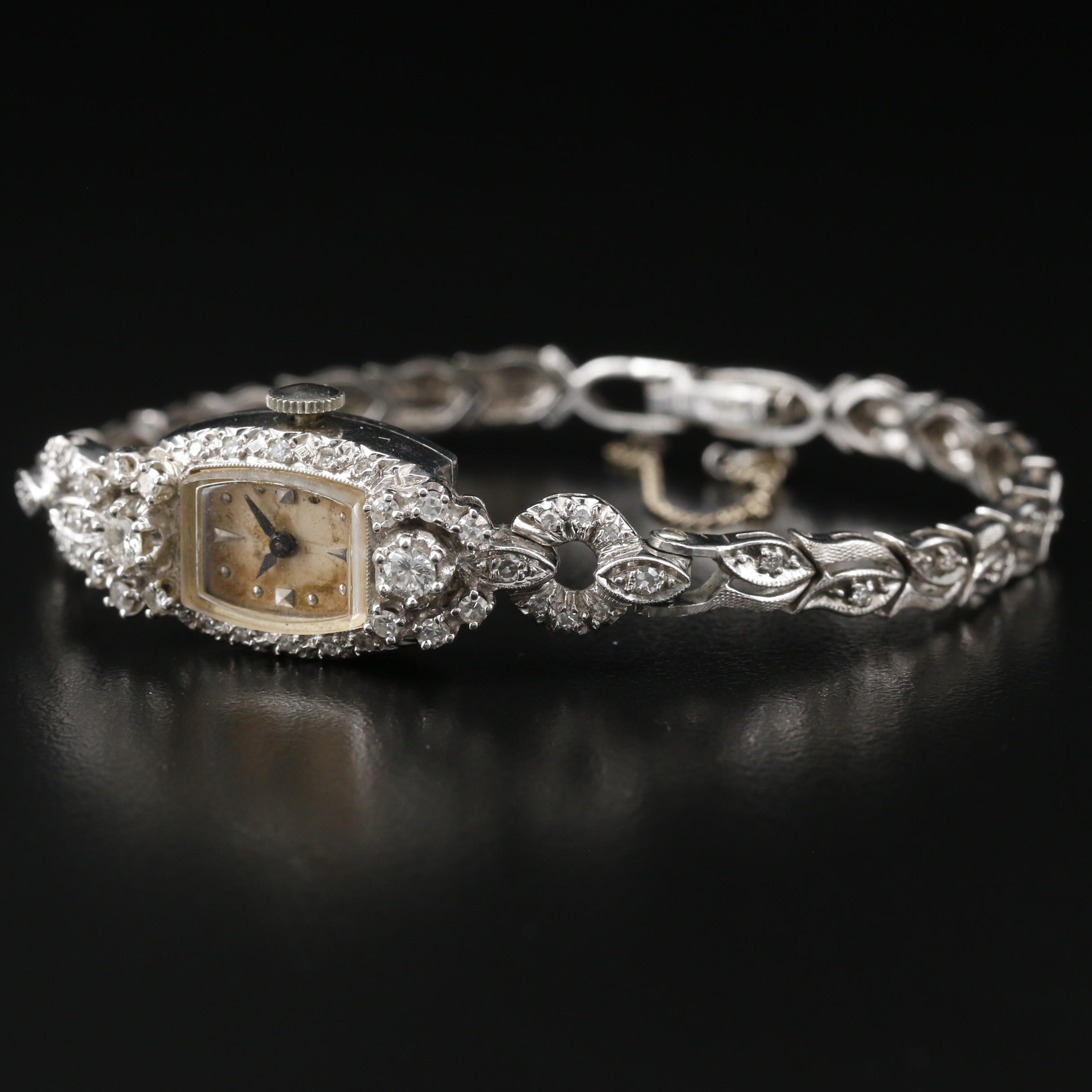 14K Gold Hamilton 1.00 CTW Diamond Stem Wind Watch