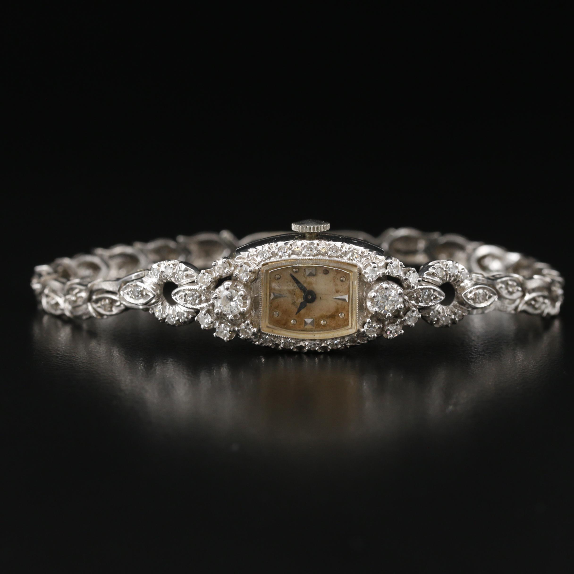 14K Gold Hamilton 1.00 CTW Diamond Stem Wind Watch