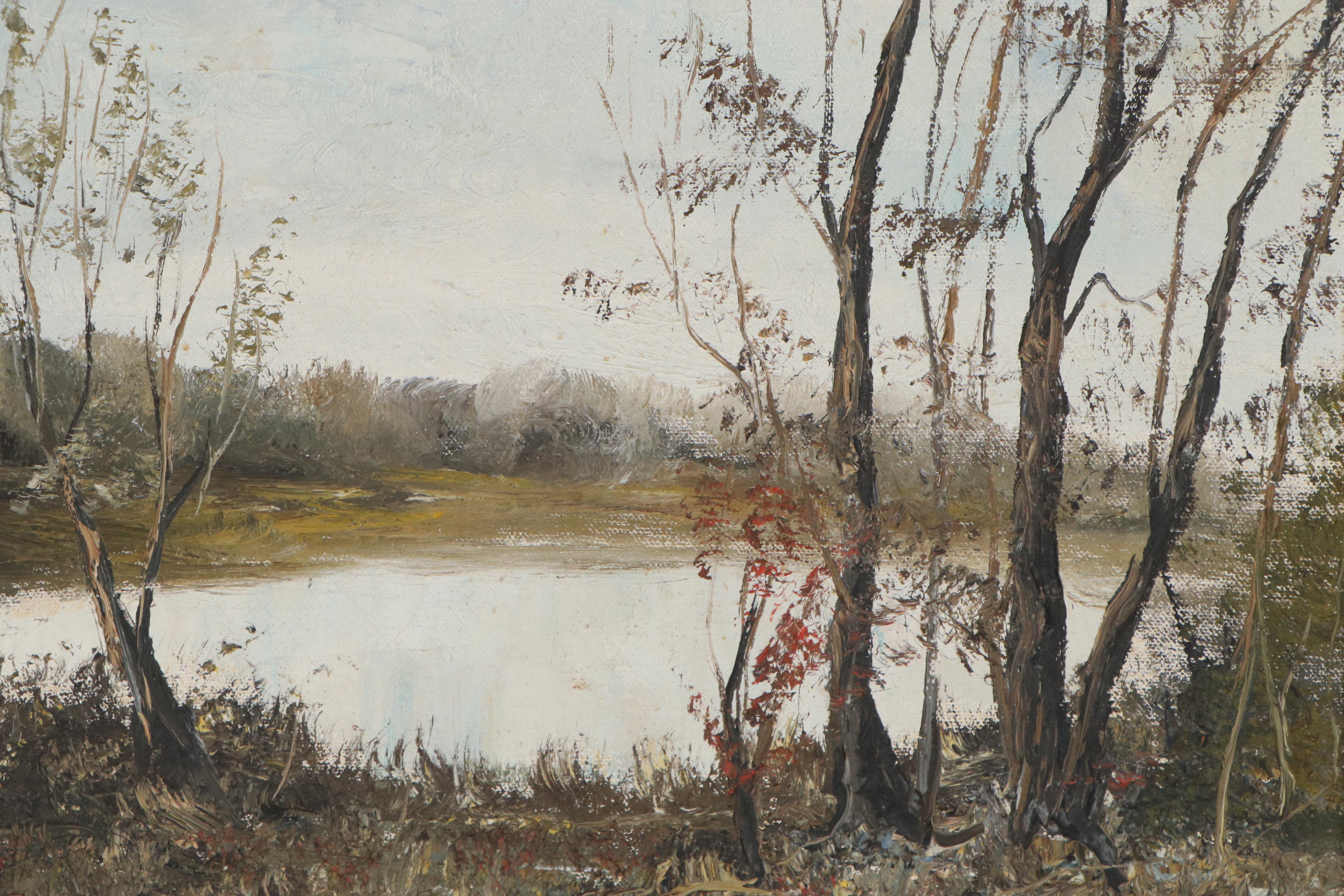 Evelyn Levy Shaw Lakeside Landscape Oil Painting, Late 20th Century