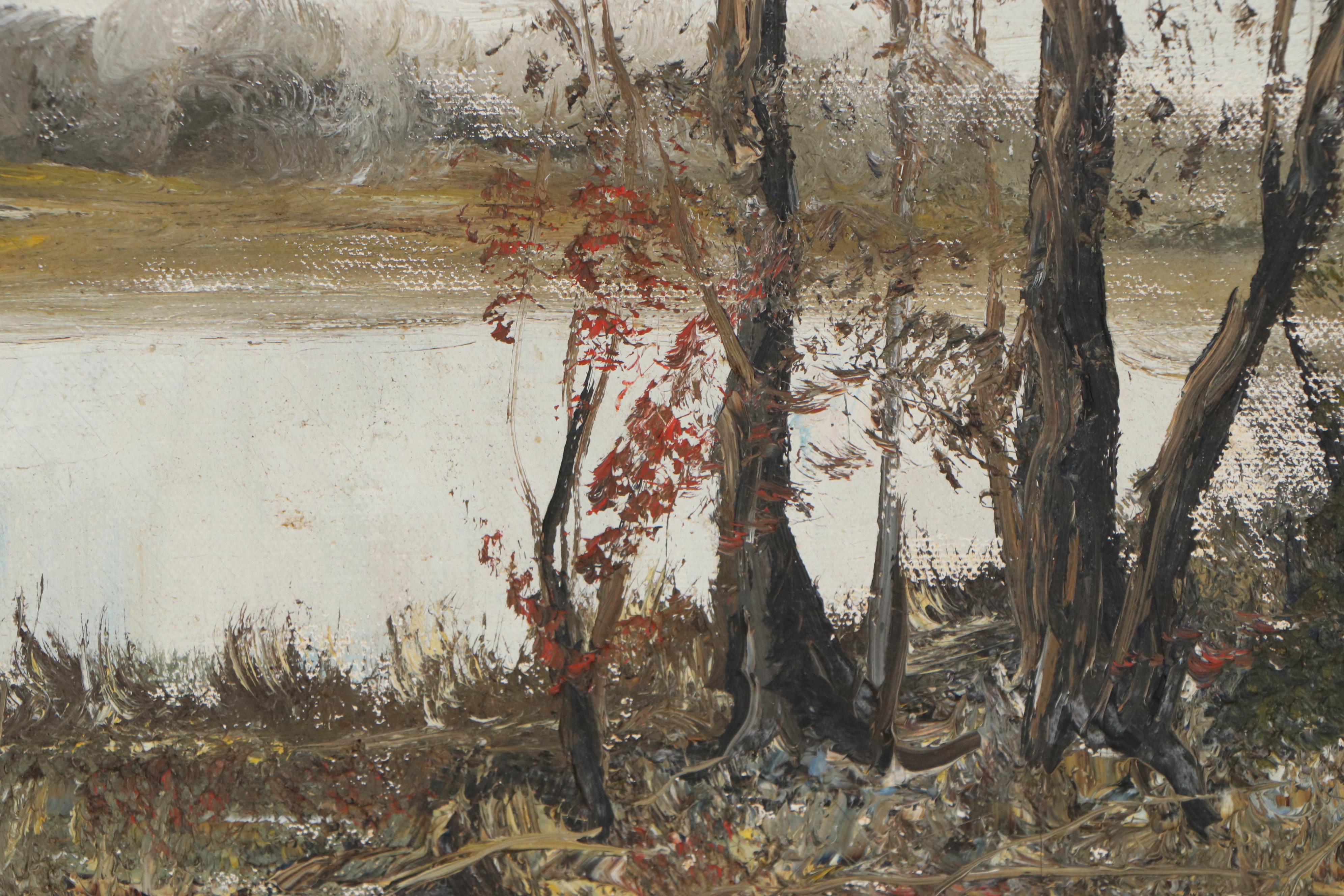 Evelyn Levy Shaw Lakeside Landscape Oil Painting, Late 20th Century