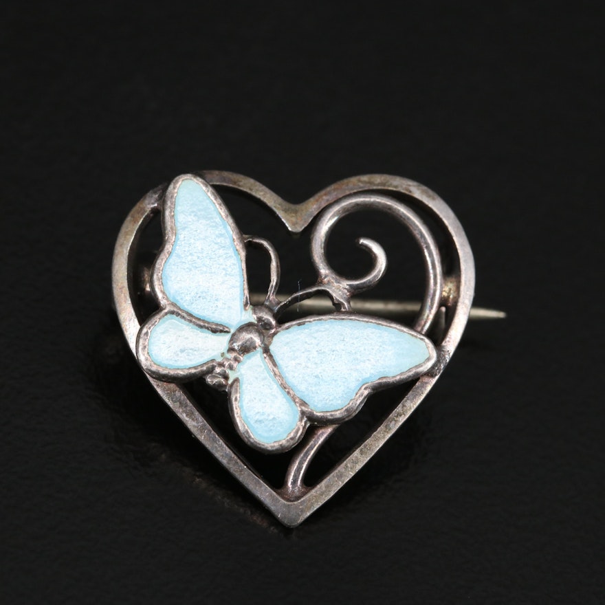 Volmer Bahner Danish Sterling Enamel Heart and Butterfly Brooch