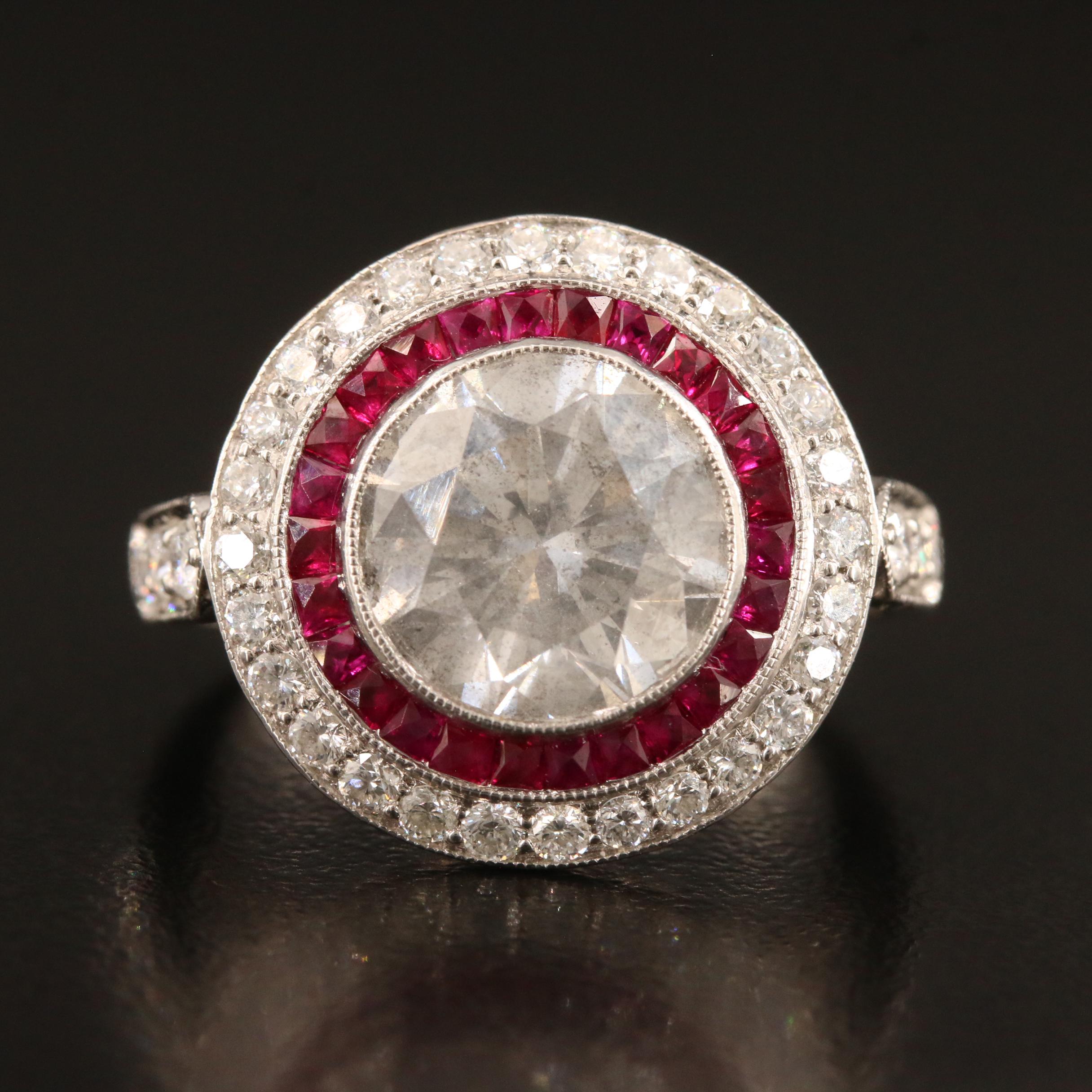 Sophia D Platinum 4.77 CTW Diamond and Ruby Halo Ring with 3.89 Center