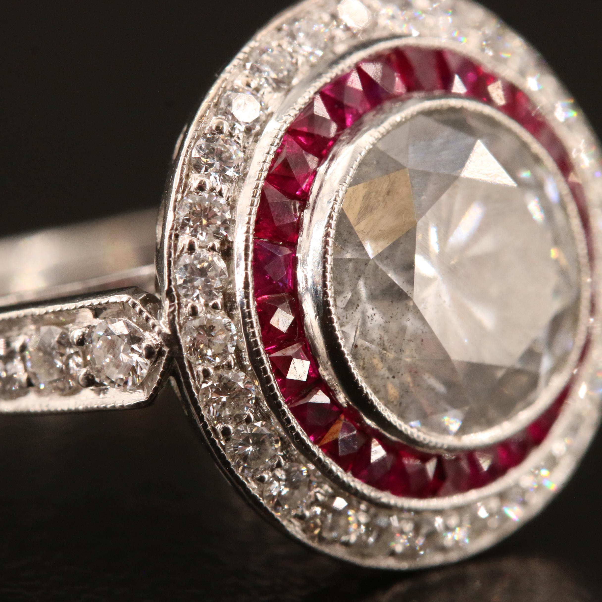Sophia D Platinum 4.77 CTW Diamond and Ruby Halo Ring with 3.89 Center