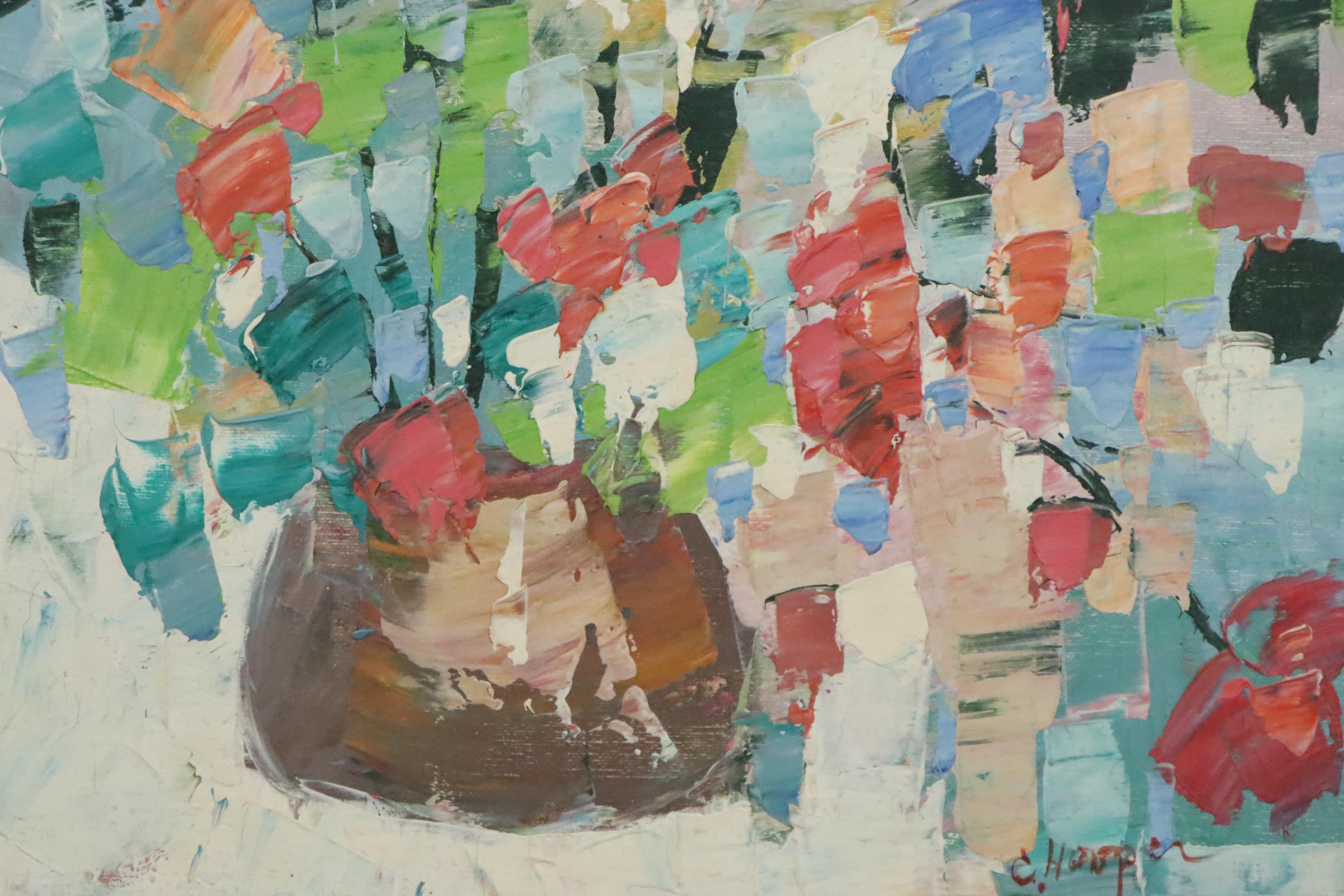 Expressionist Style Floral Still Life Oil Painting, Mid to Late 20th Century