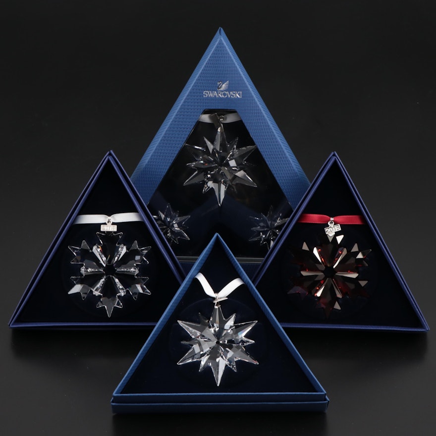 Limited Edition Swarovski Clear and Red Crystal Snowflake Annual Ornaments