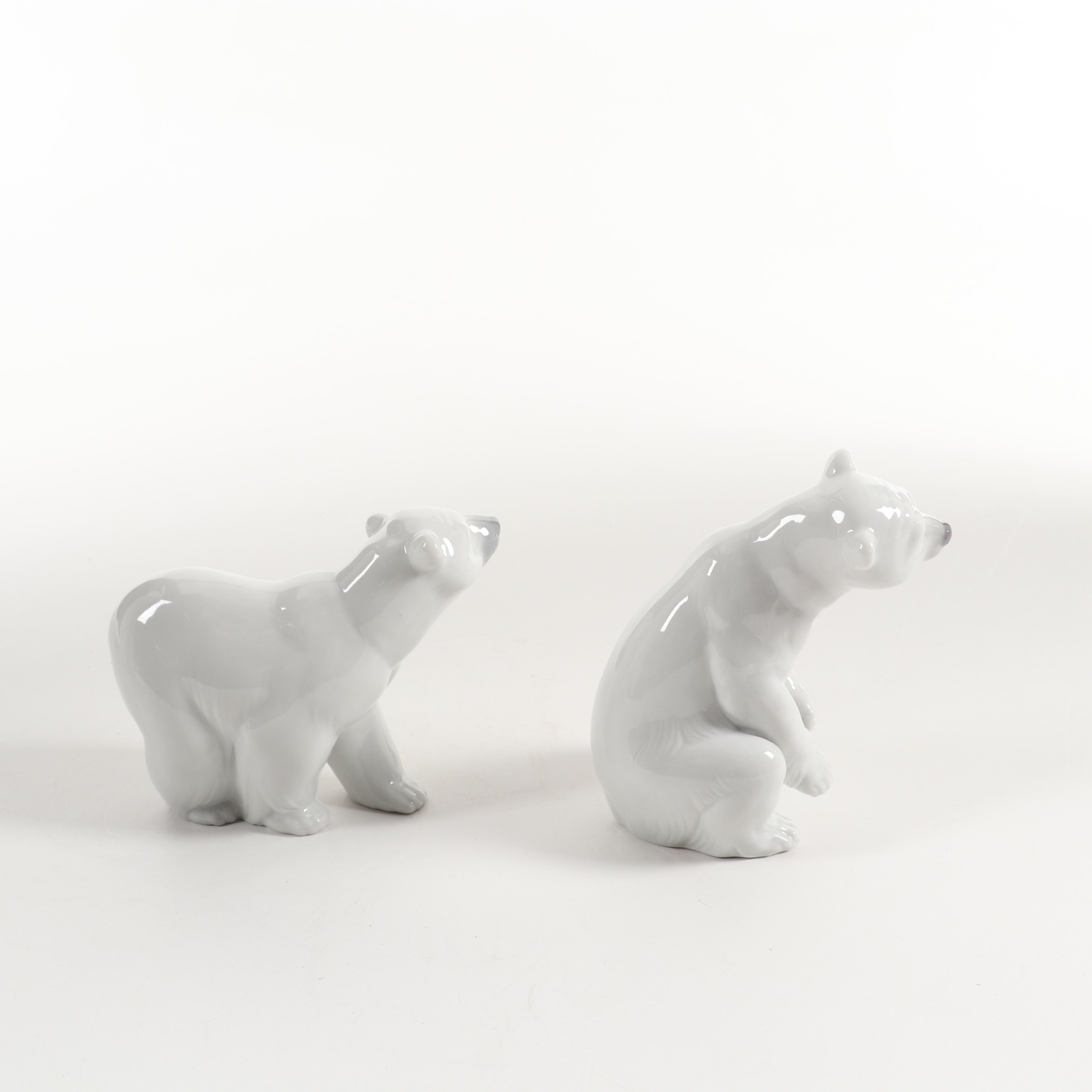 Lladró "Attentive Polar Bear" and "Resting Polar Bear" Porcelain Figurines