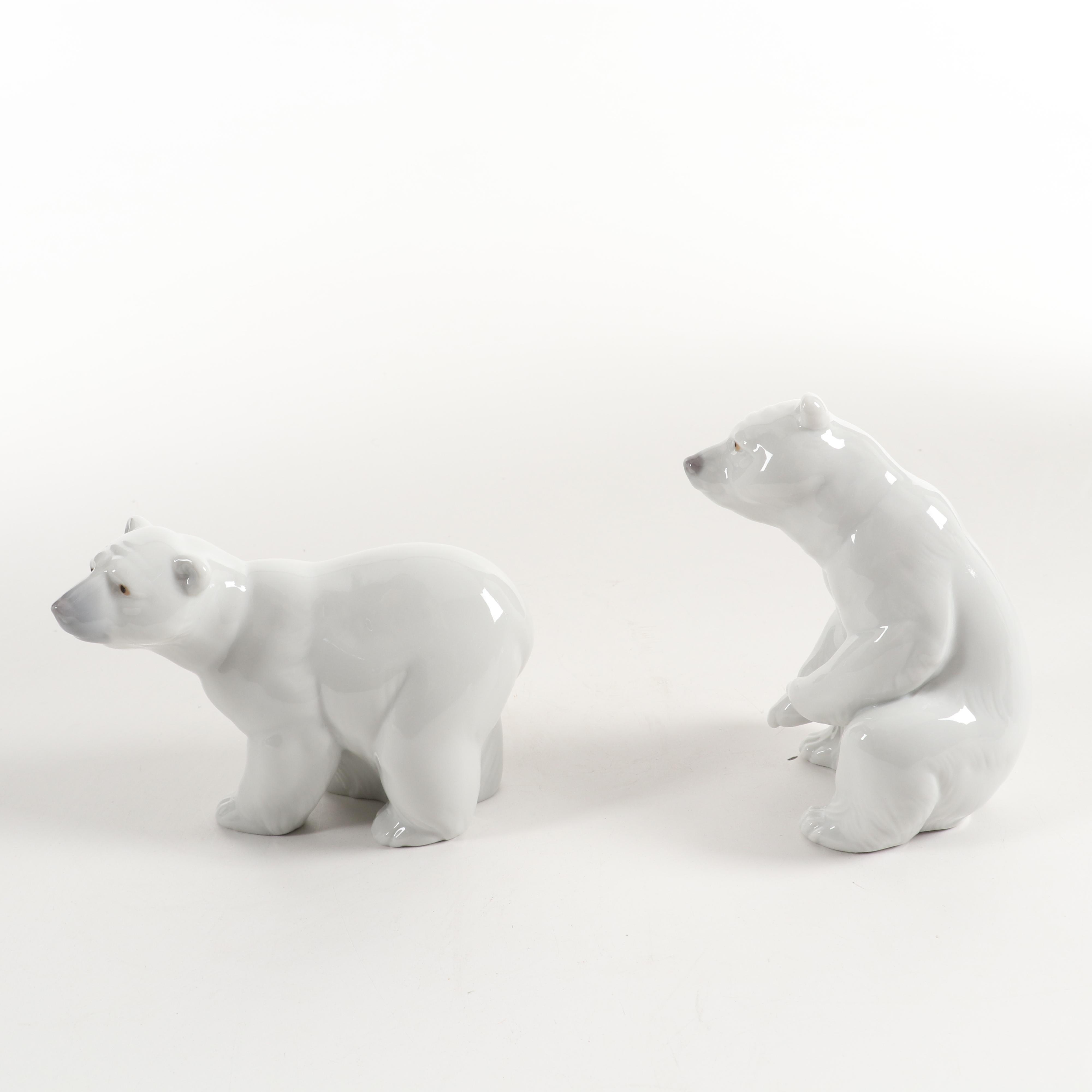 Lladró "Attentive Polar Bear" and "Resting Polar Bear" Porcelain Figurines