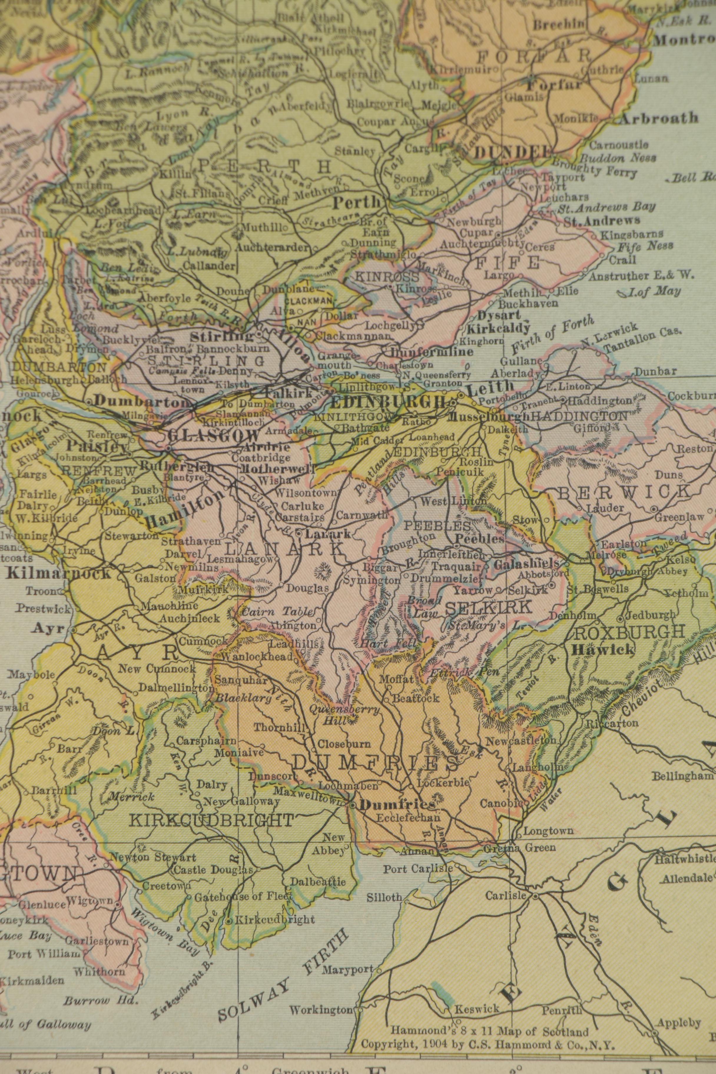 C.S. Hammond Map of Scotland from "Hammond's Modern Atlas," circa 1909