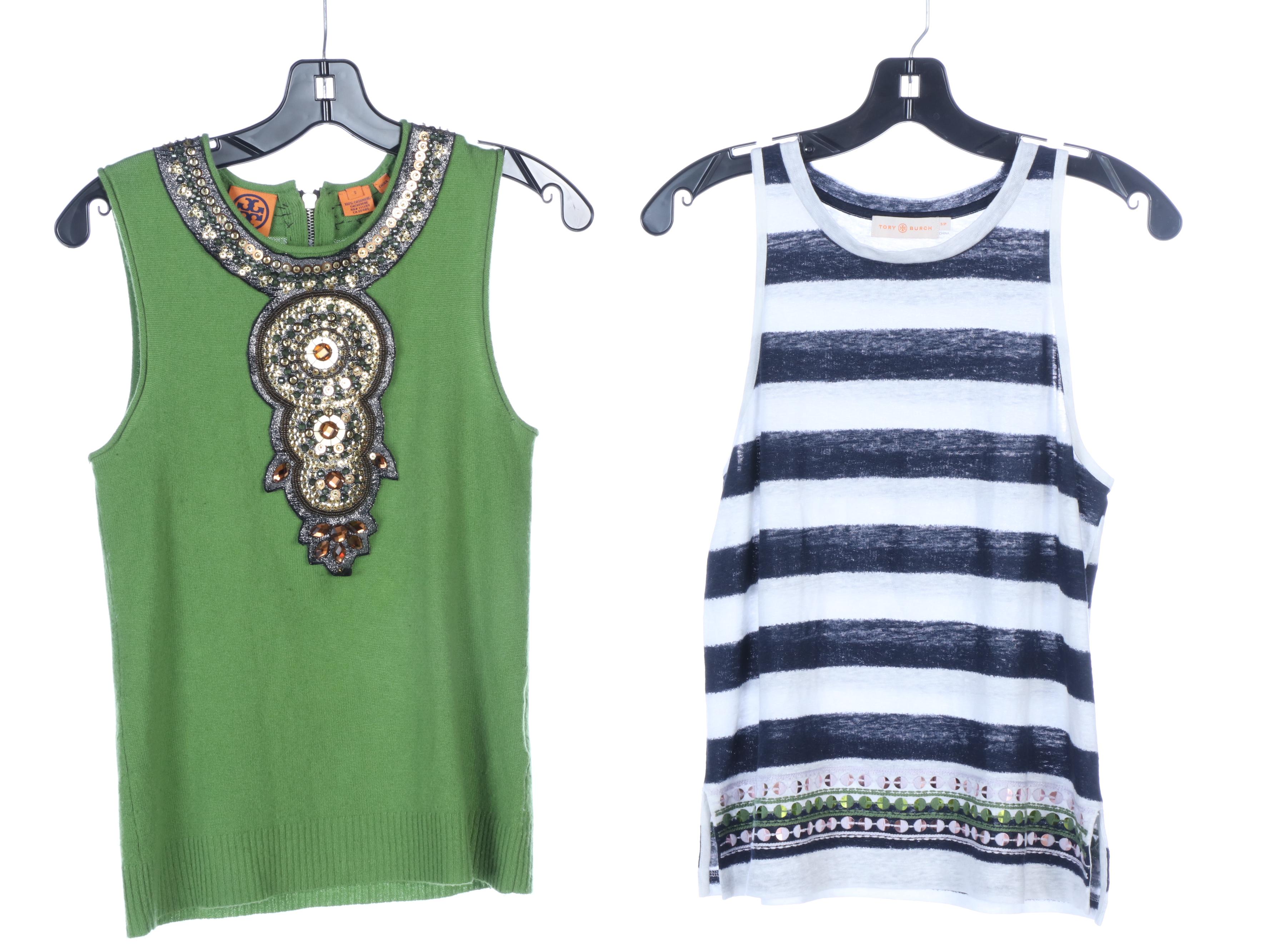 Tory Burch Cashmere and Linen Embellished Sleeveless Shirts