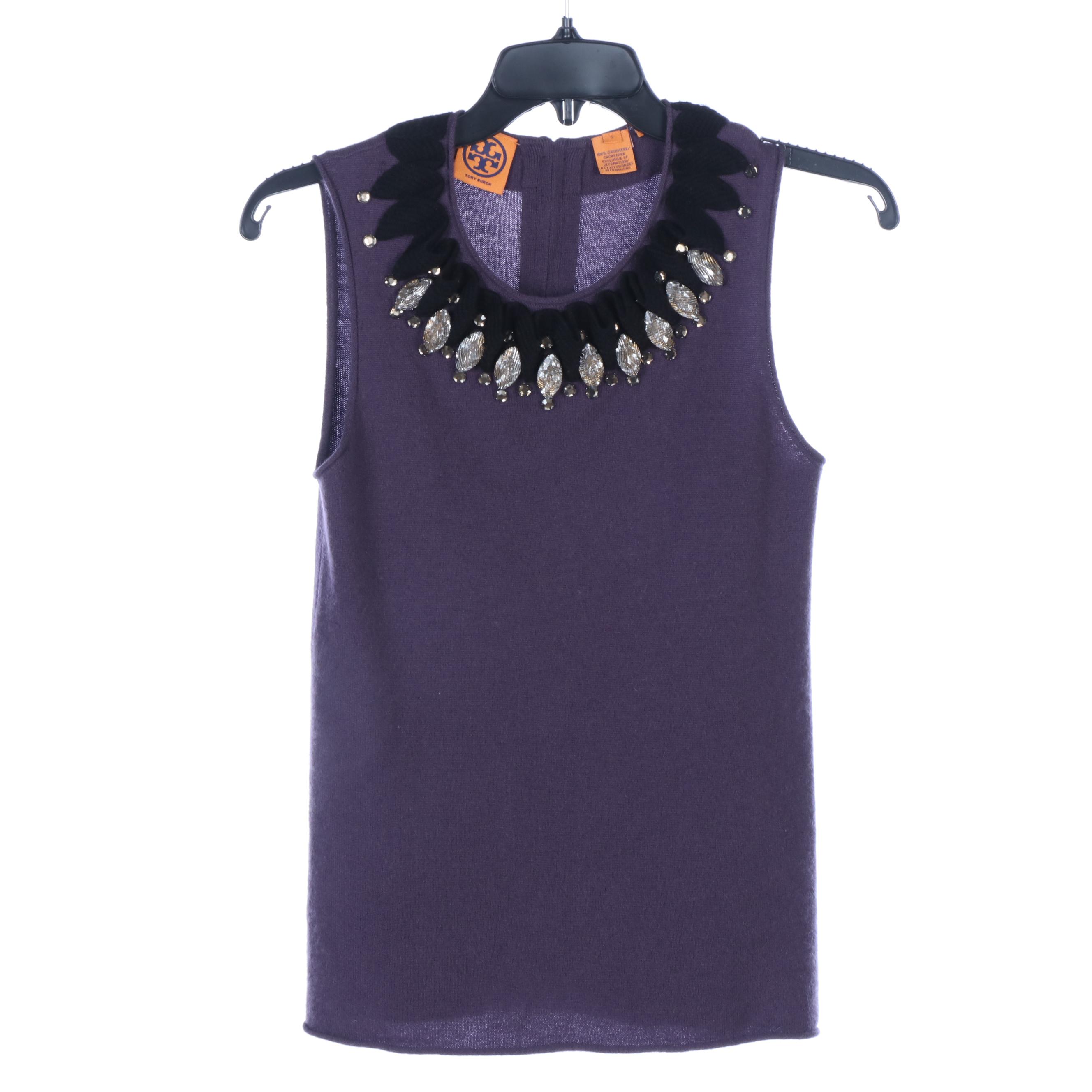 Tory Burch Cashmere and Linen Embellished Sleeveless Shirts