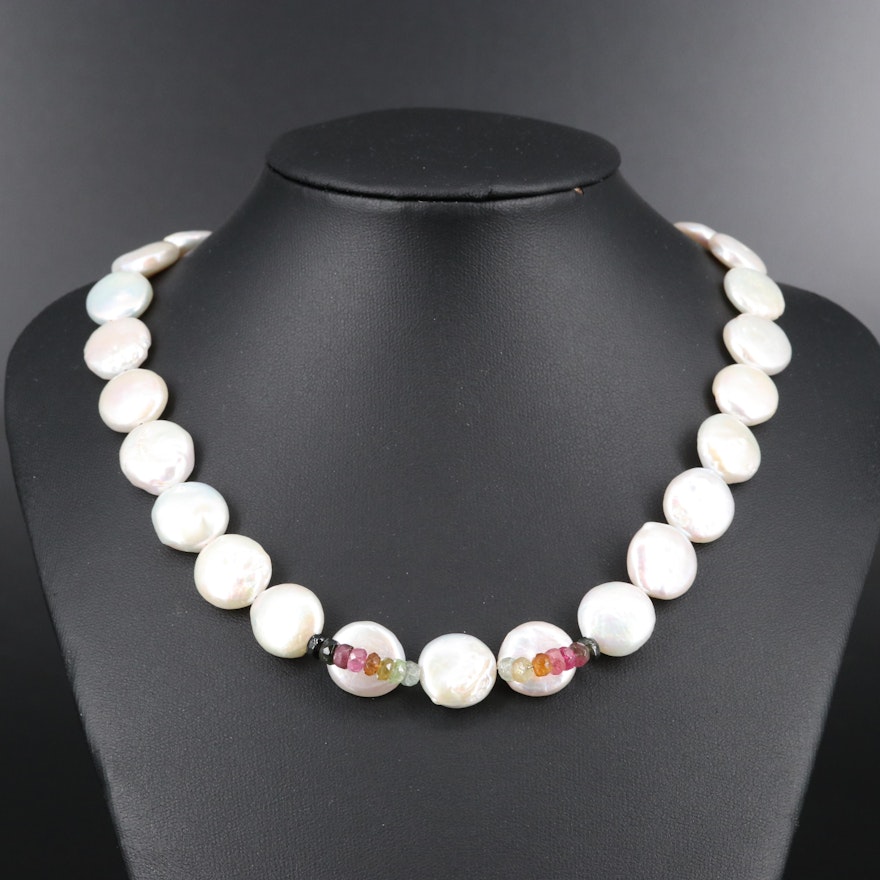 Sterling Tourmaline and Coin Pearl Strand Necklace