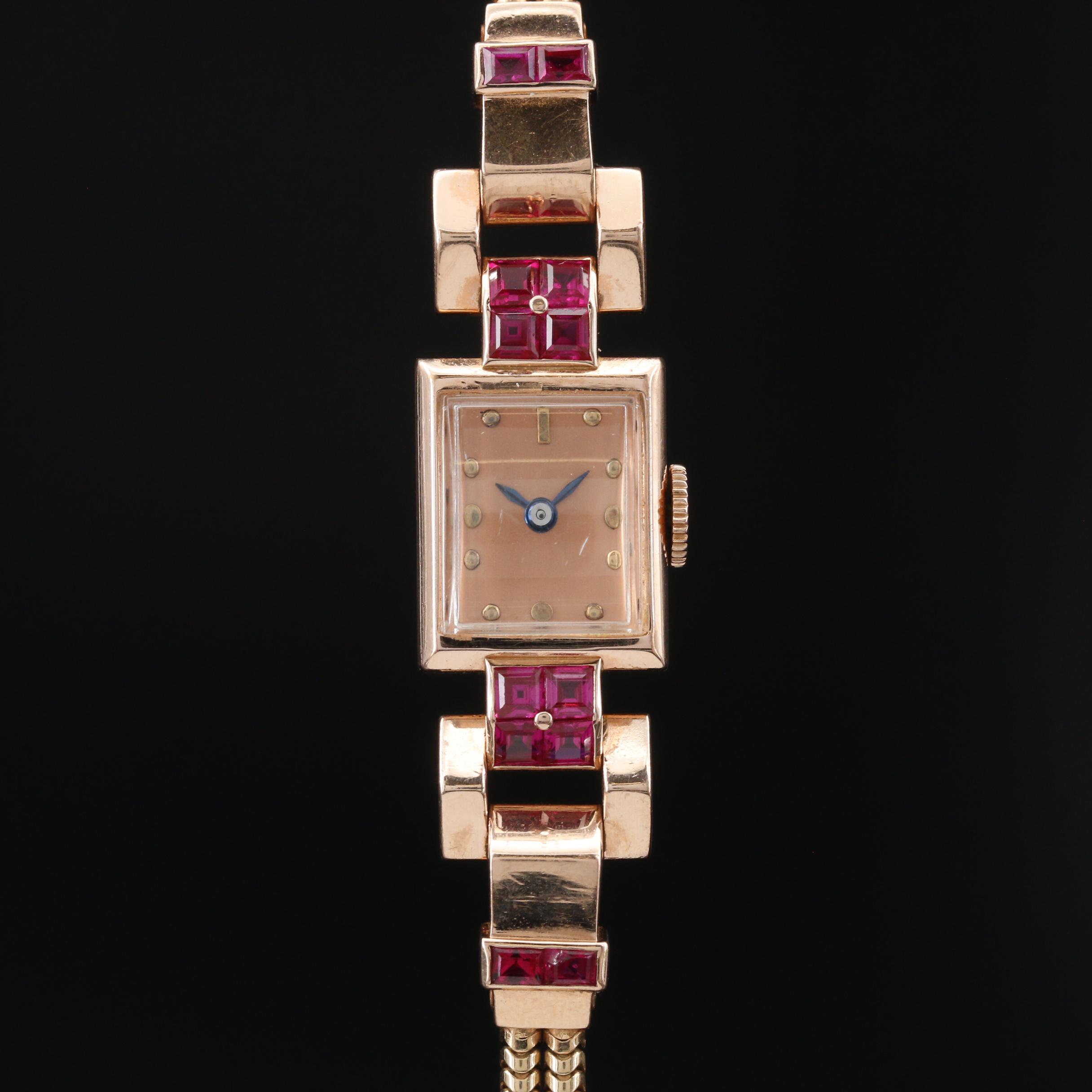 Vintage J. Schulz 14K Rose Gold and Ruby Retro Watch