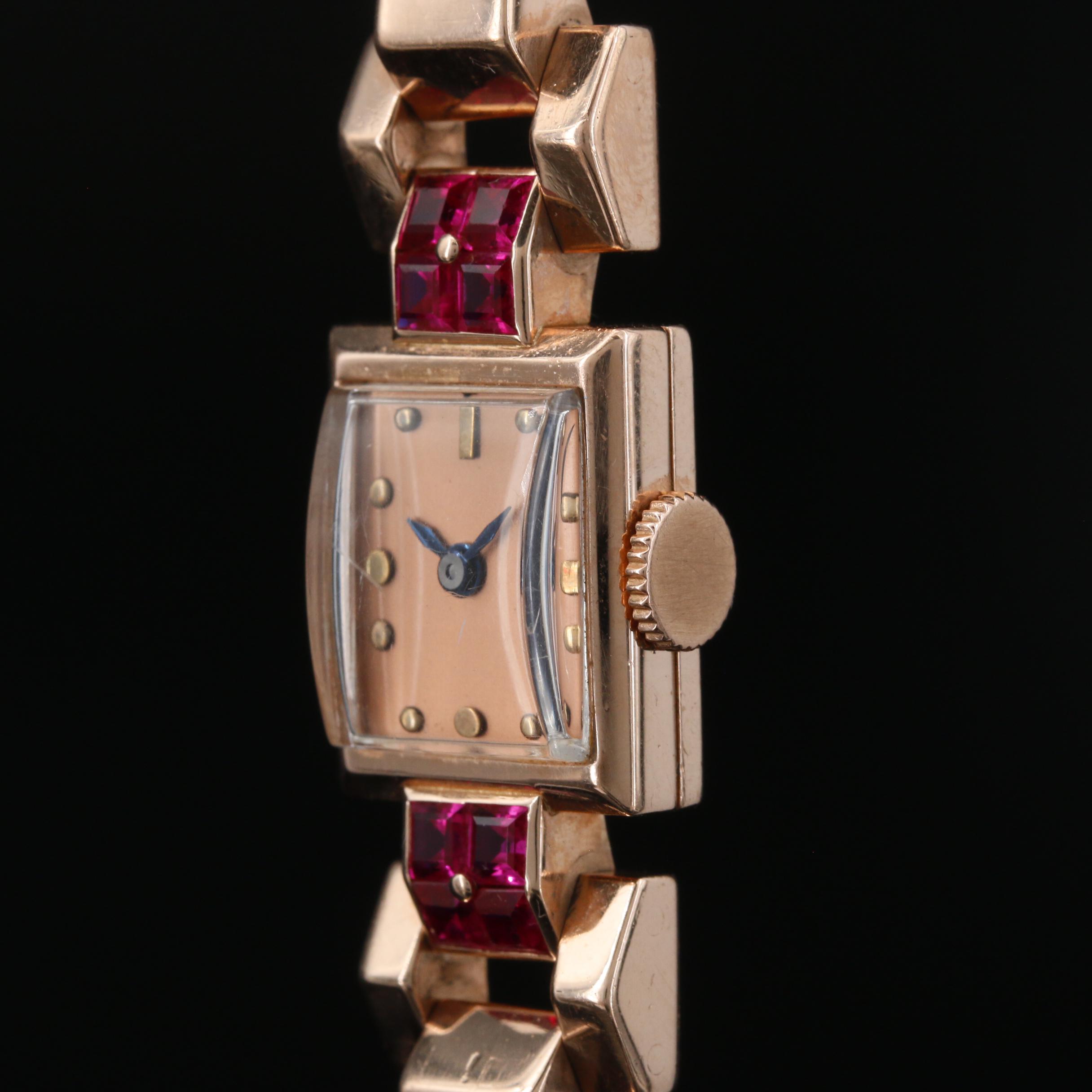 Vintage J. Schulz 14K Rose Gold and Ruby Retro Watch
