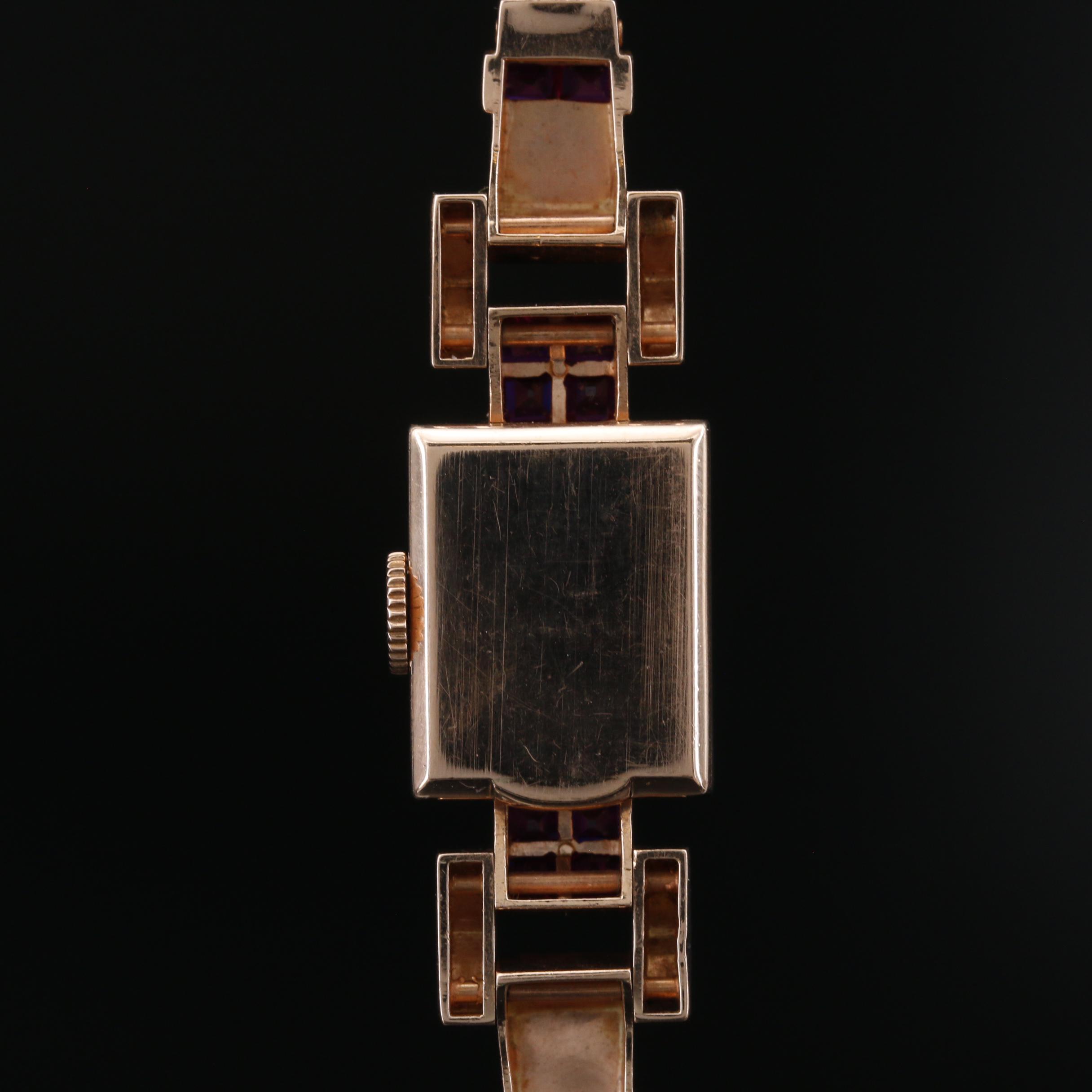 Vintage J. Schulz 14K Rose Gold and Ruby Retro Watch