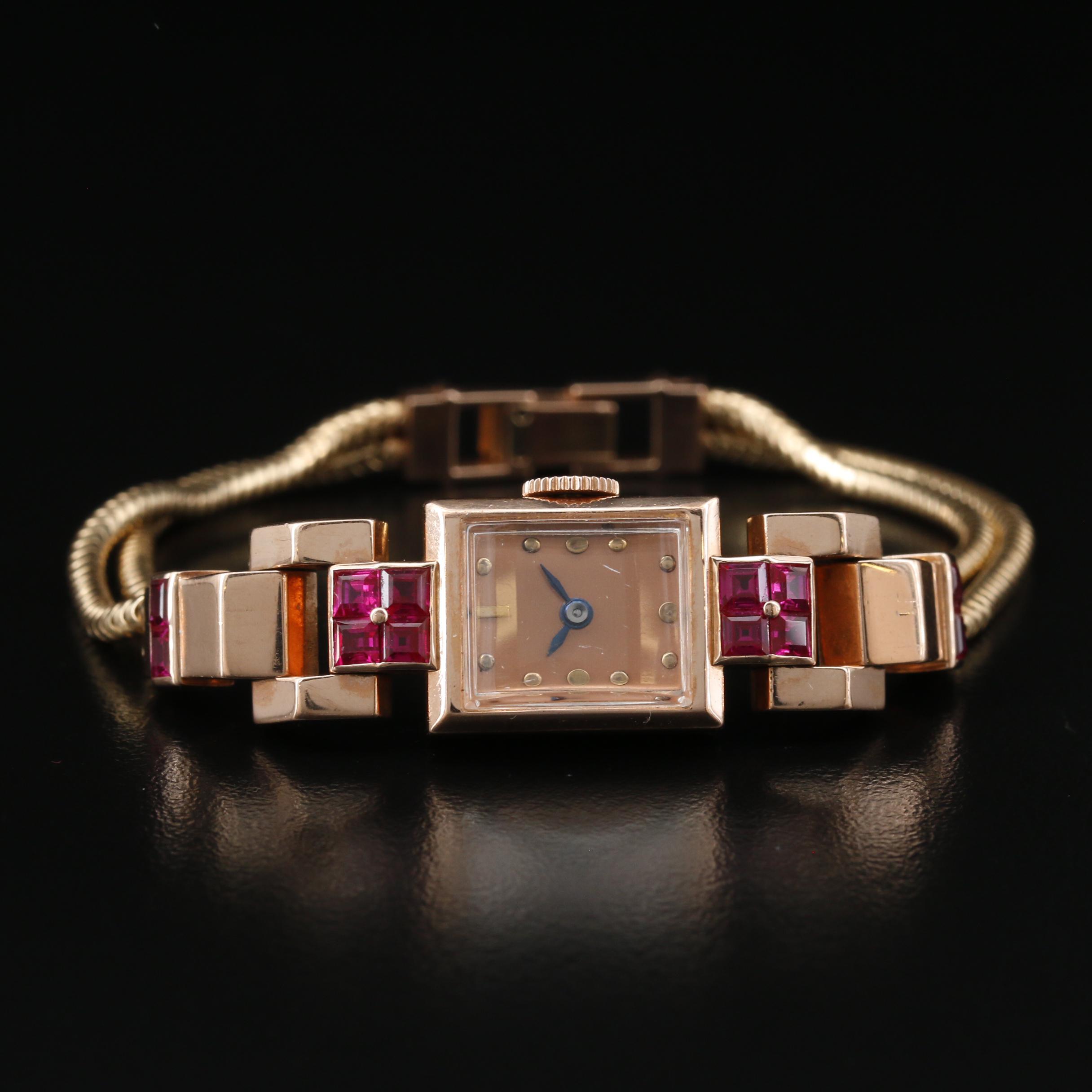Vintage J. Schulz 14K Rose Gold and Ruby Retro Watch