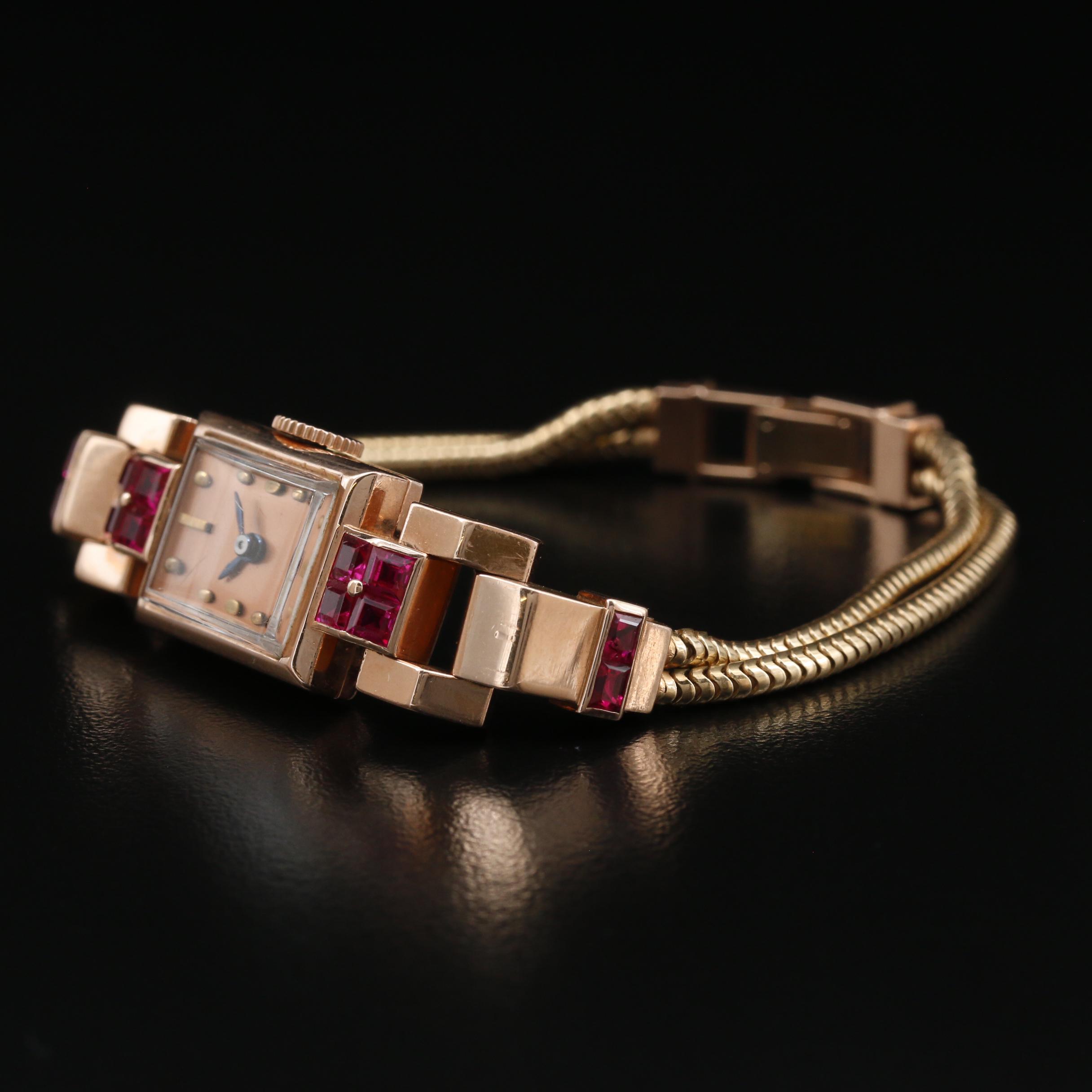 Vintage J. Schulz 14K Rose Gold and Ruby Retro Watch