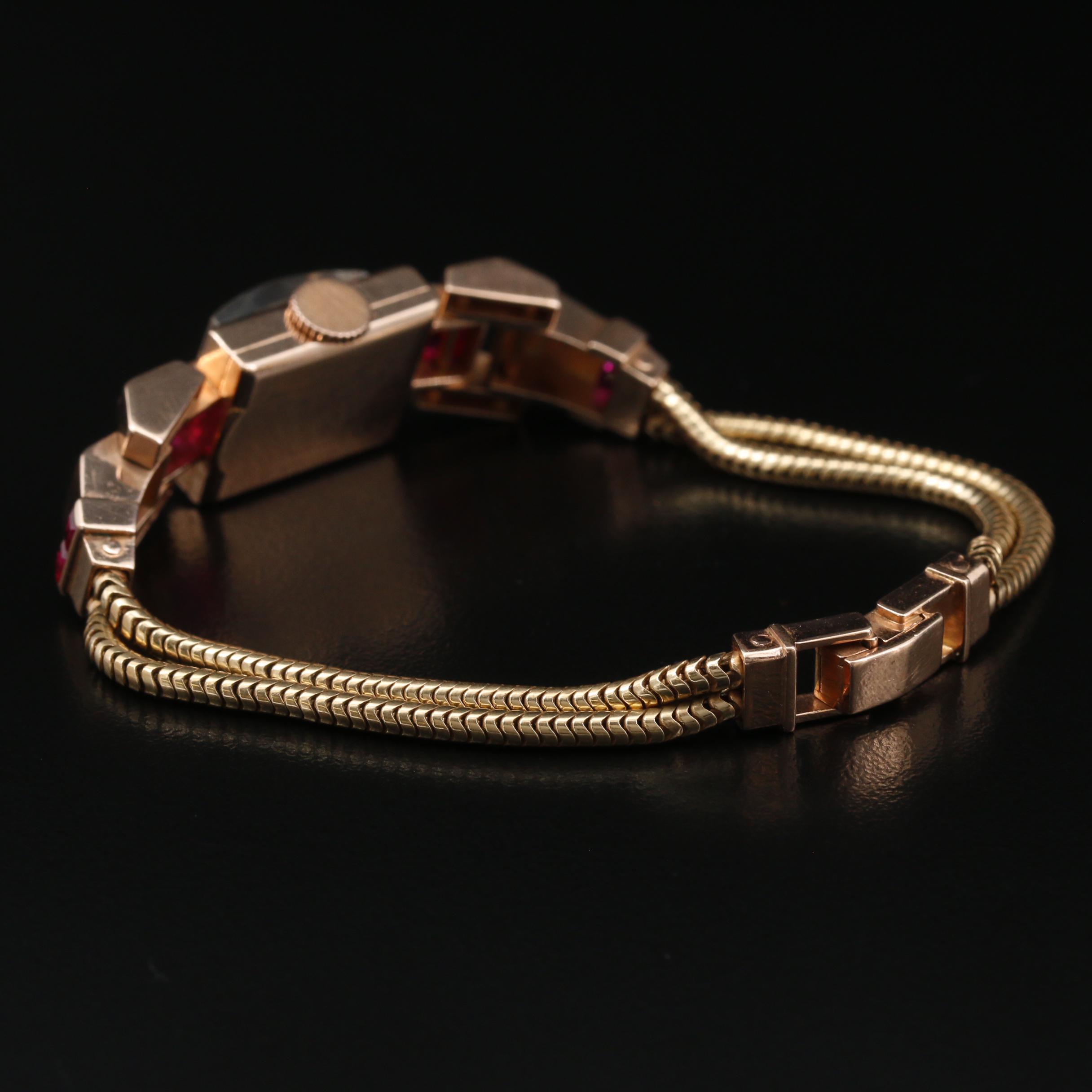 Vintage J. Schulz 14K Rose Gold and Ruby Retro Watch