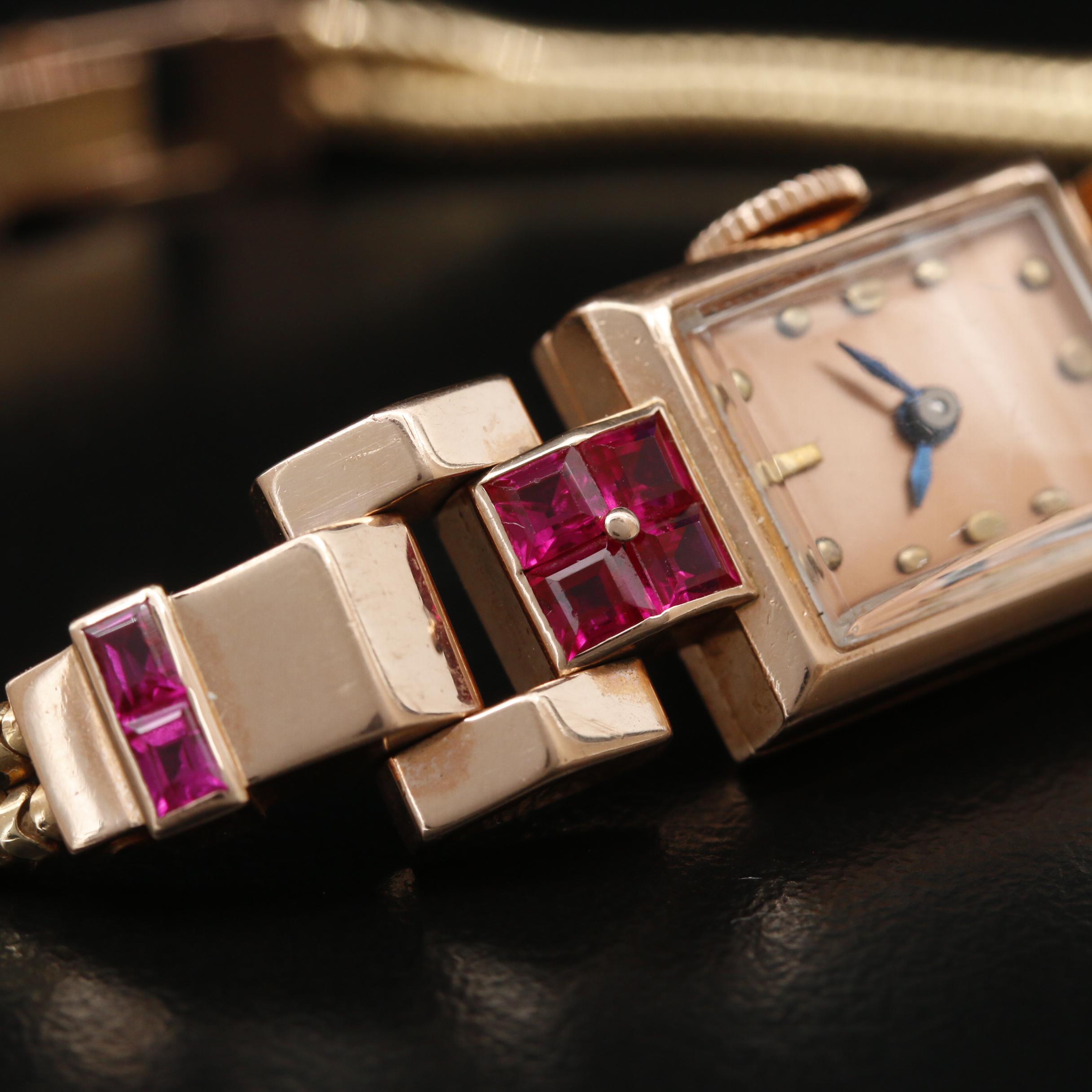 Vintage J. Schulz 14K Rose Gold and Ruby Retro Watch