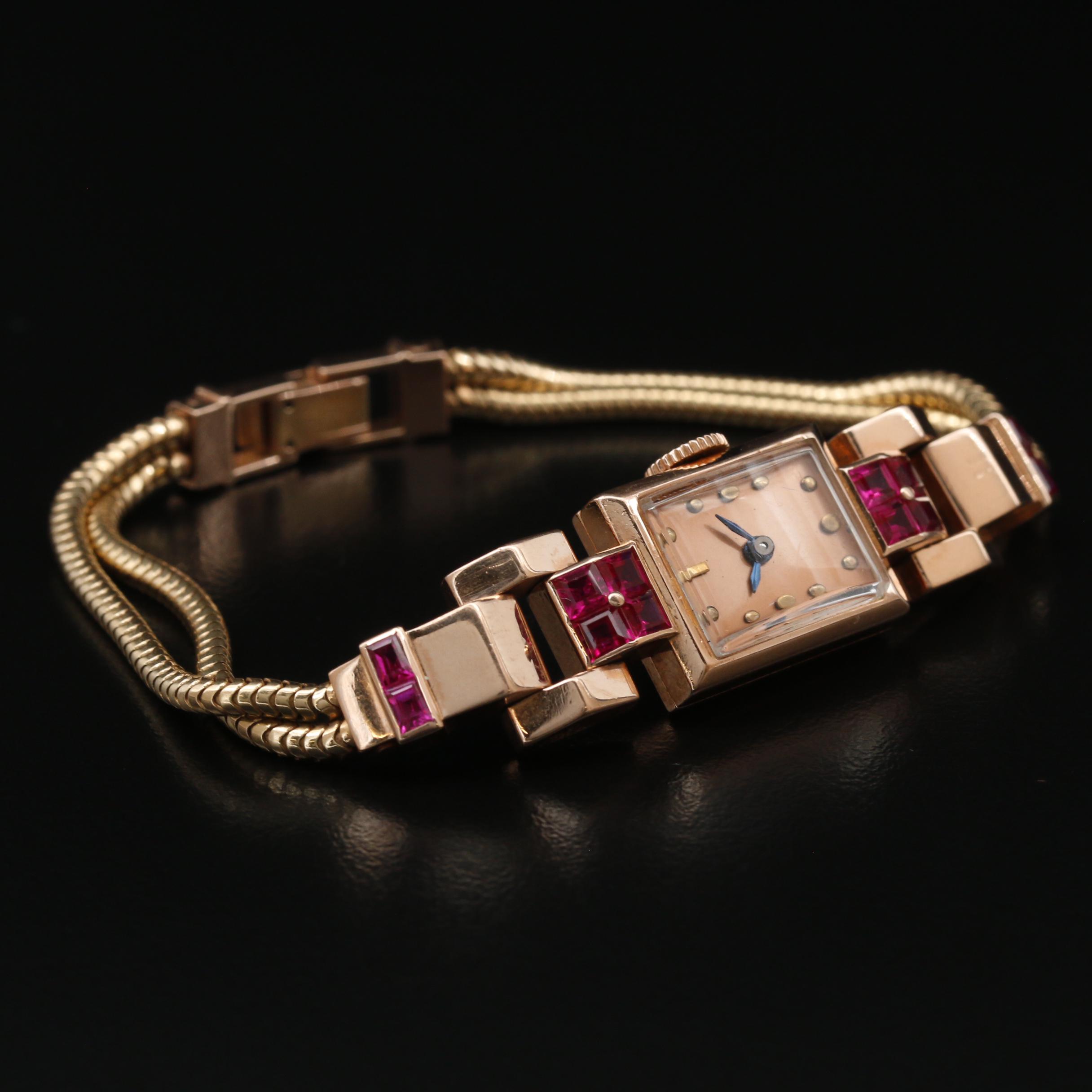 Vintage J. Schulz 14K Rose Gold and Ruby Retro Watch