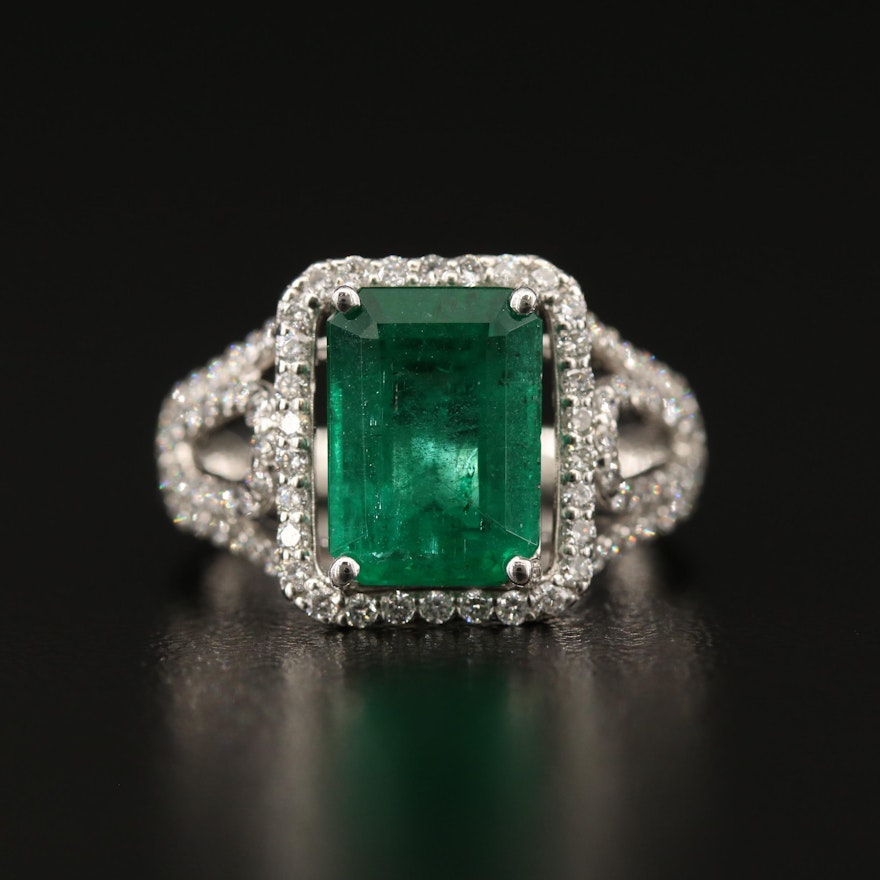 Platinum 3.58 CT Emerald and Diamond Ring with Open Shoulders and AGL Report