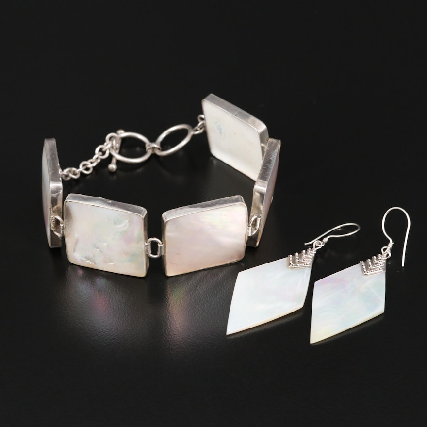 Sterling Mother of Pearl Square Link and Dangle Earrings