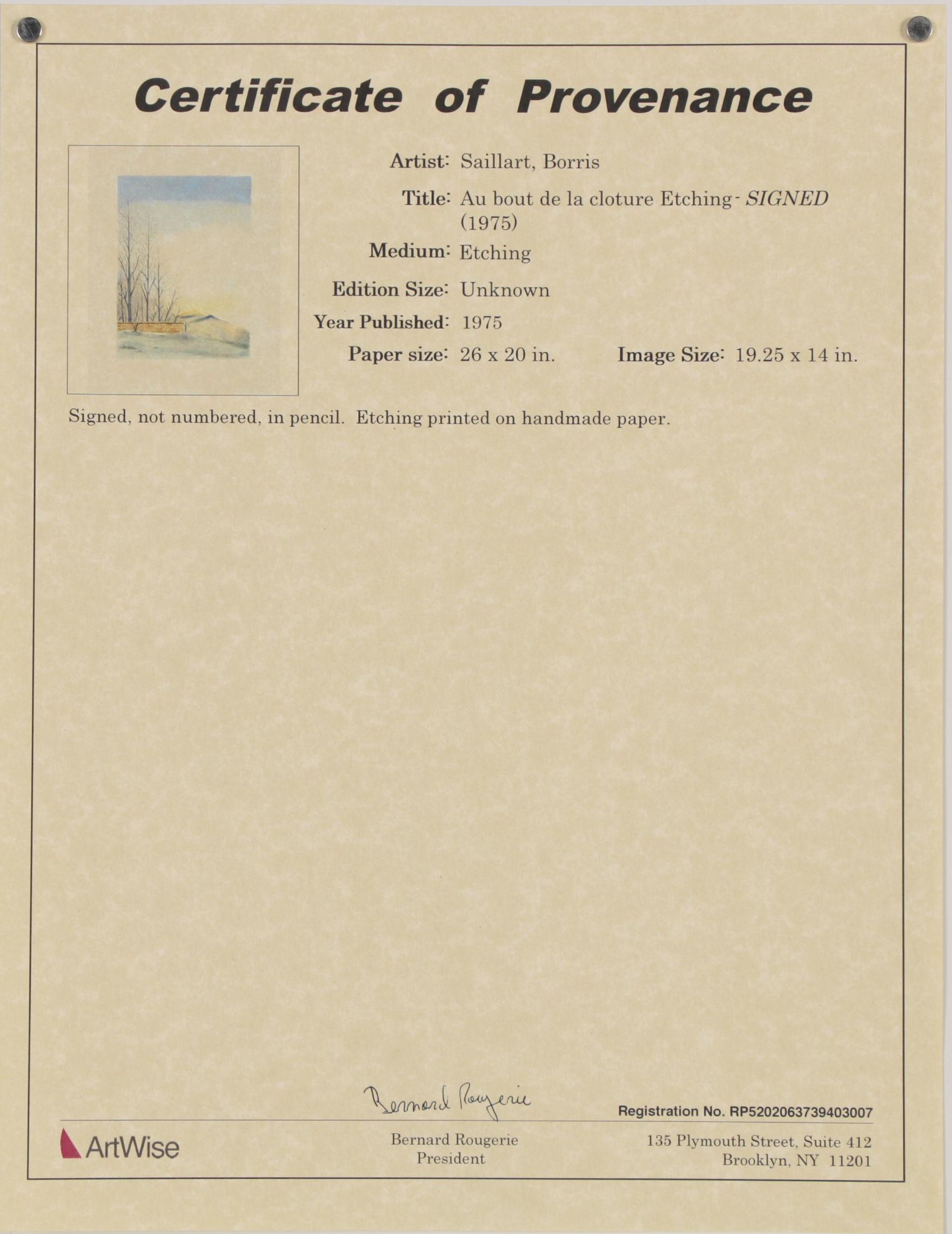 Borris Saillart Hand-Colored Etching "Au Bout de la Clôture," 1975