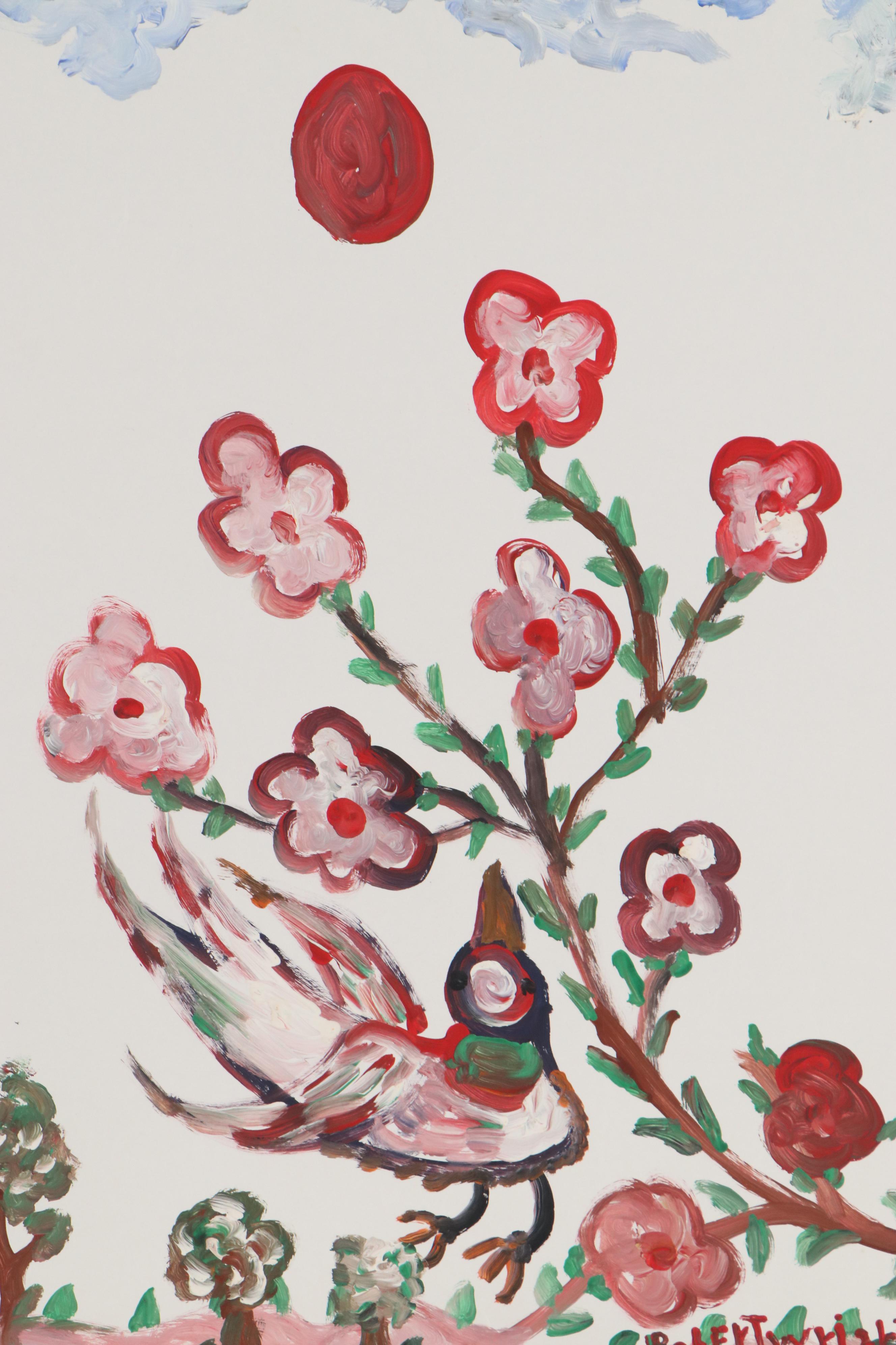 Robert Wright Folk Art Acrylic Painting of Bird and Flowers, Late 20th Century