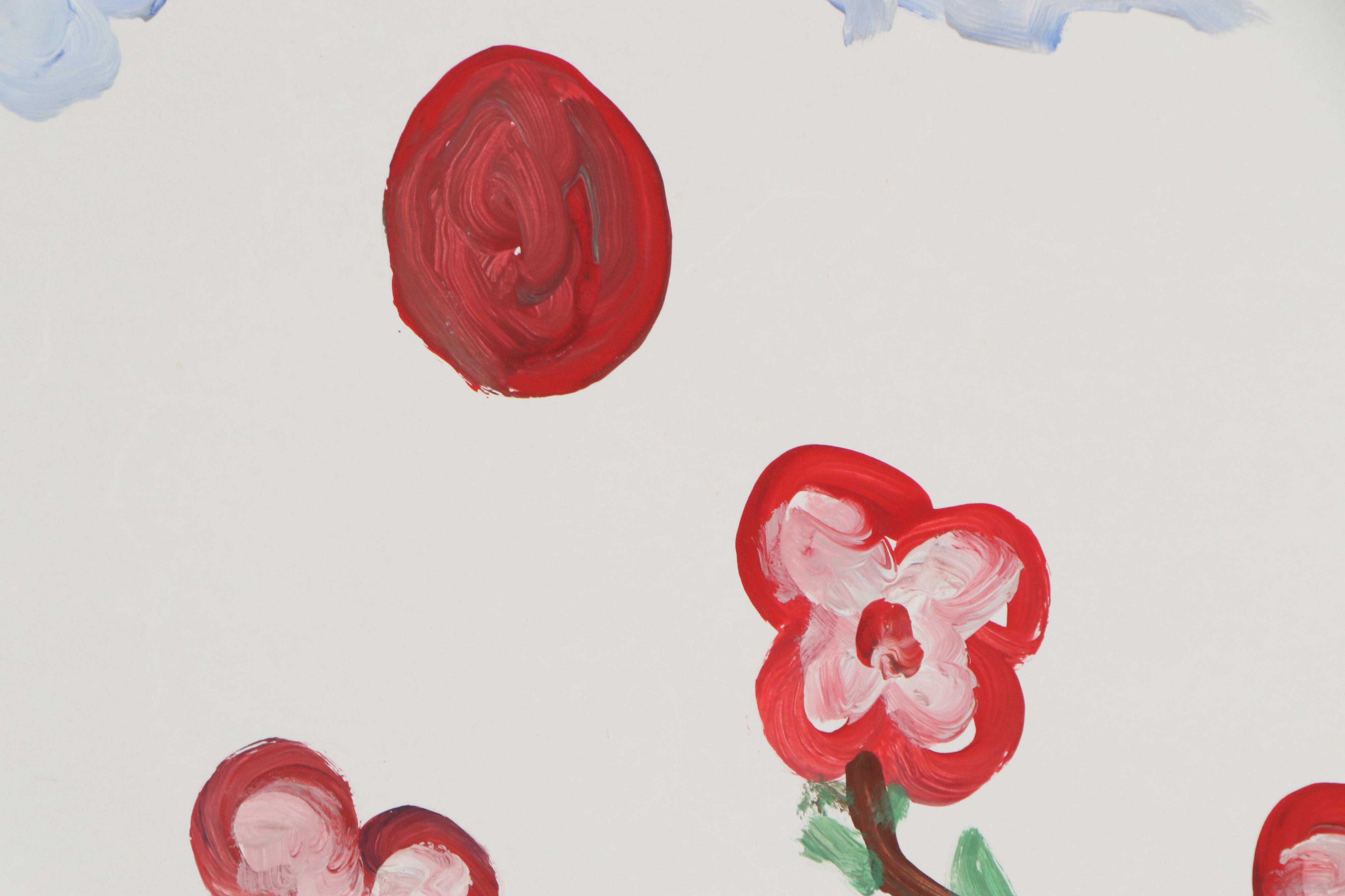 Robert Wright Folk Art Acrylic Painting of Bird and Flowers, Late 20th Century