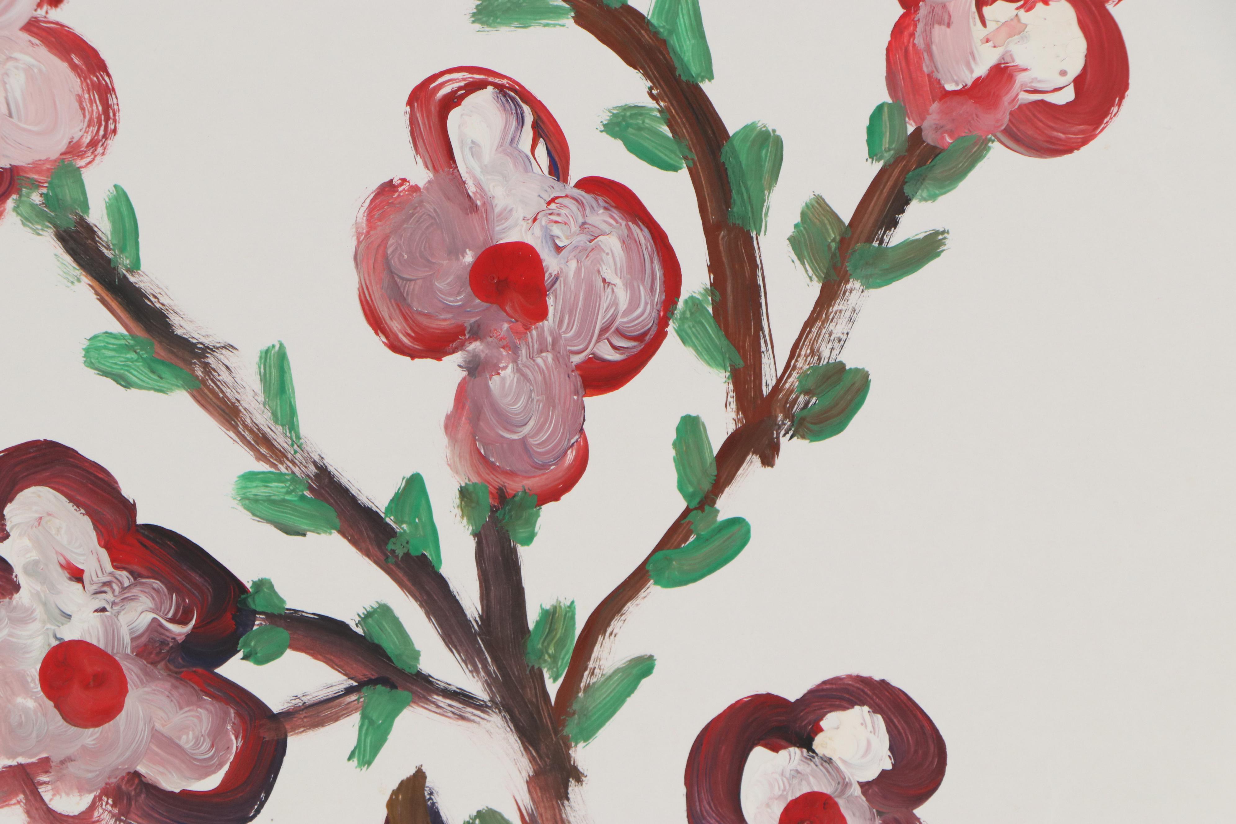 Robert Wright Folk Art Acrylic Painting of Bird and Flowers, Late 20th Century