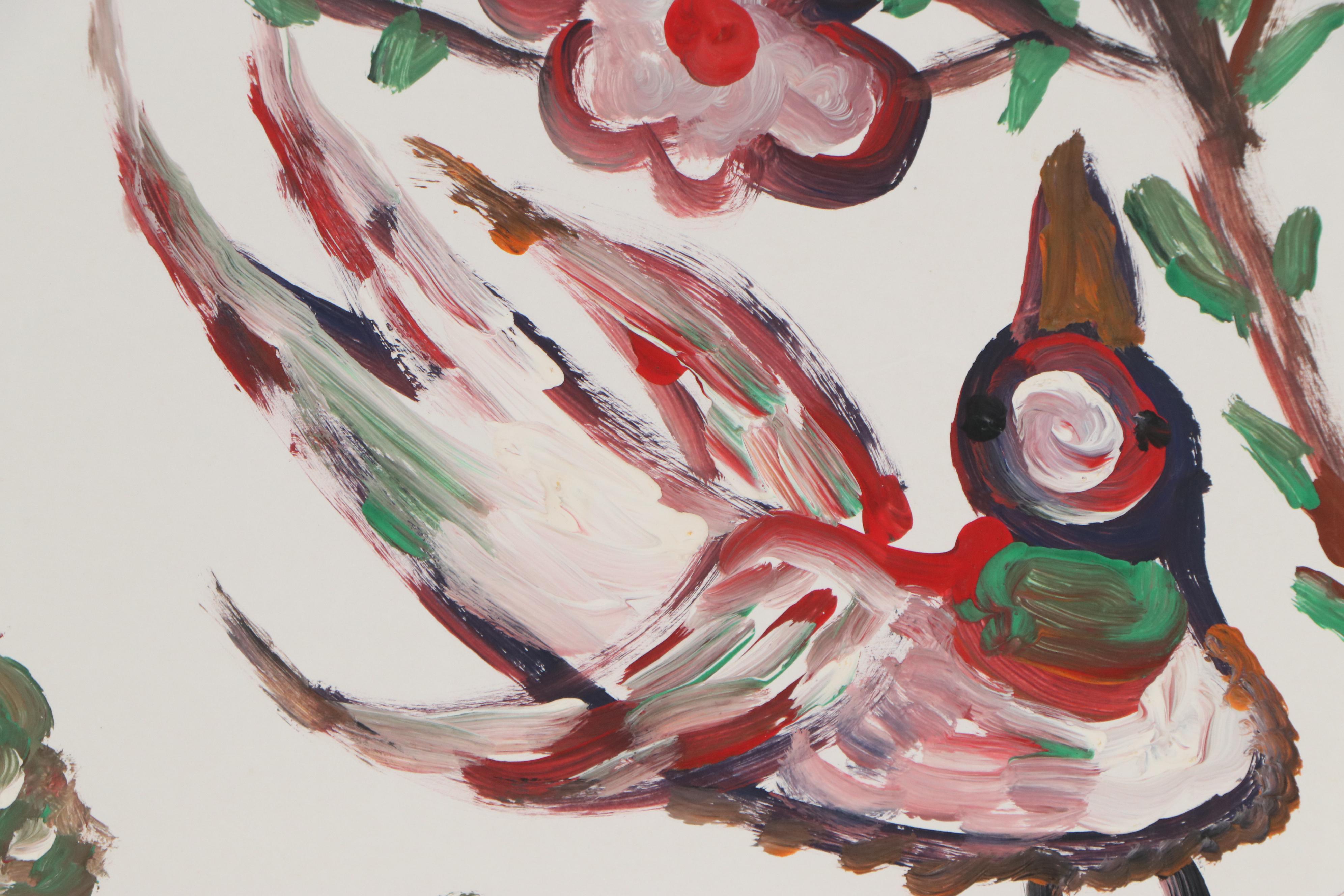 Robert Wright Folk Art Acrylic Painting of Bird and Flowers, Late 20th Century