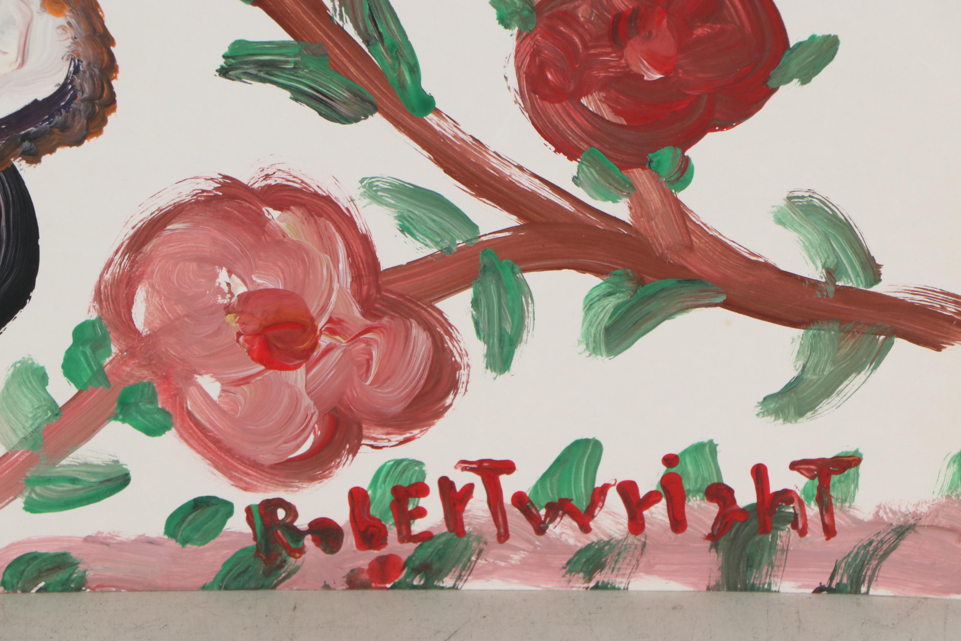 Robert Wright Folk Art Acrylic Painting of Bird and Flowers, Late 20th Century