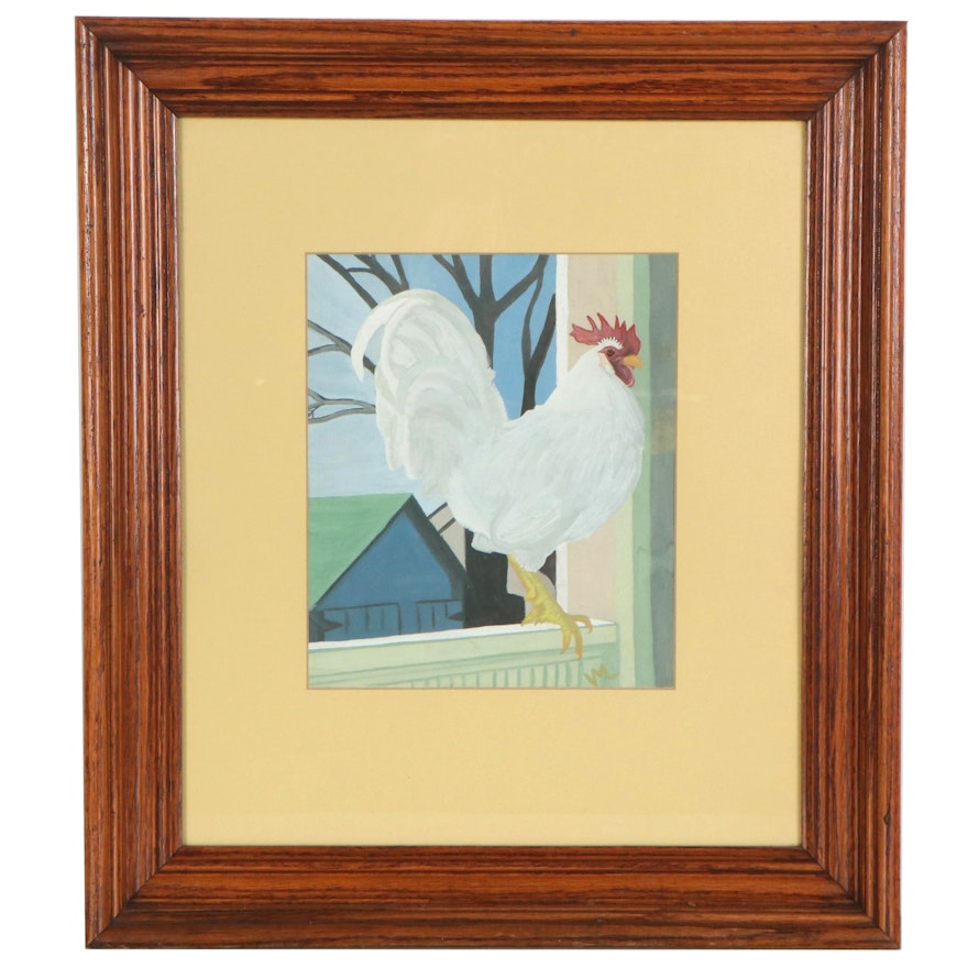 Folk Style Gouache Painting of Rooster, Late 20th Century