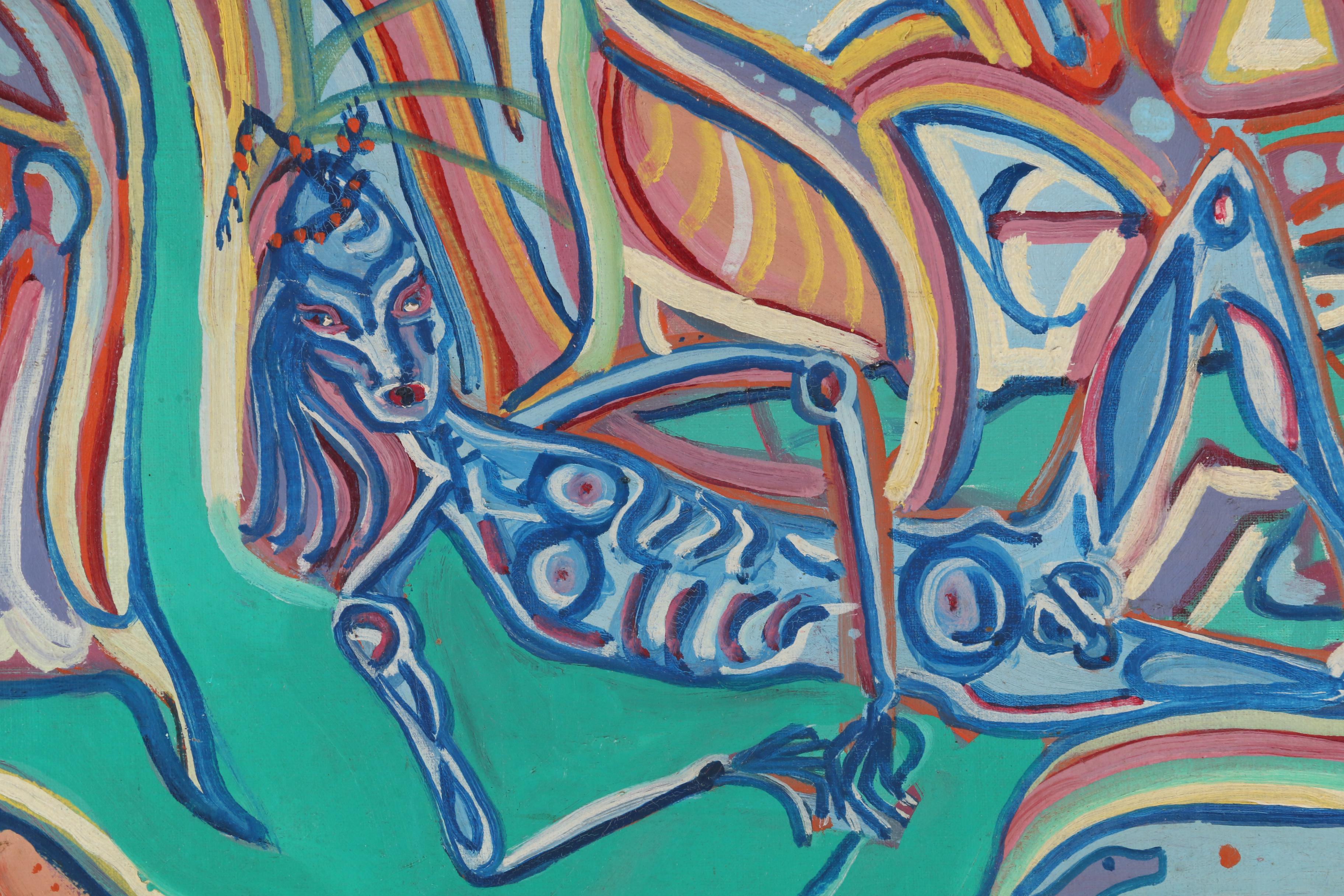 Outsider Art Oil Painting of Reclining Male Nude, Late 20th Century