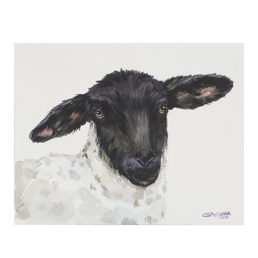 Ganna Melnychenko Watercolor Painting "Black Faced Sheep Portrait," 2019