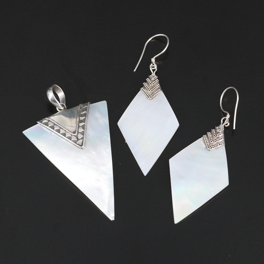 Sterling Silver Mother of Pearl Earrings and Pendant Set