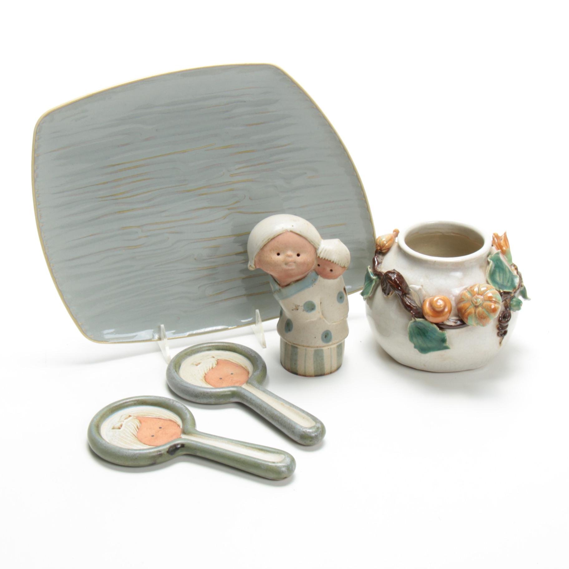 UCTCI Japanese Figurines with Earthenware Pot and Tray, Mid-20th Century