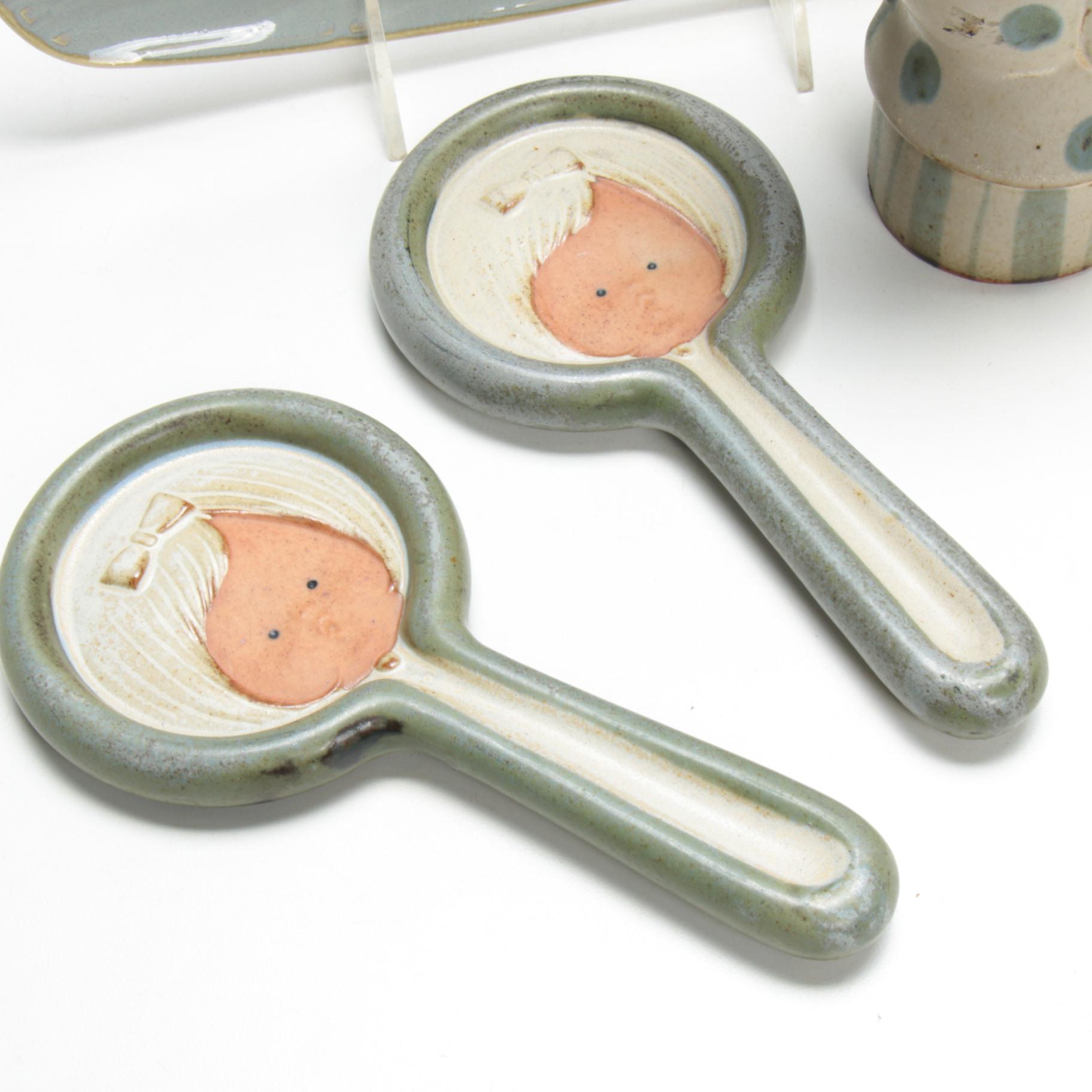 UCTCI Japanese Figurines with Earthenware Pot and Tray, Mid-20th Century