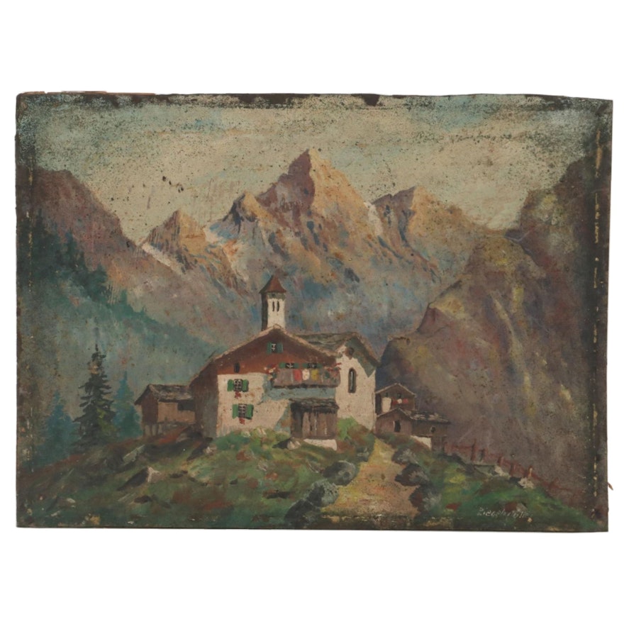 Mountinus Landscape Oil Painting with Refuge, Early 20th Century