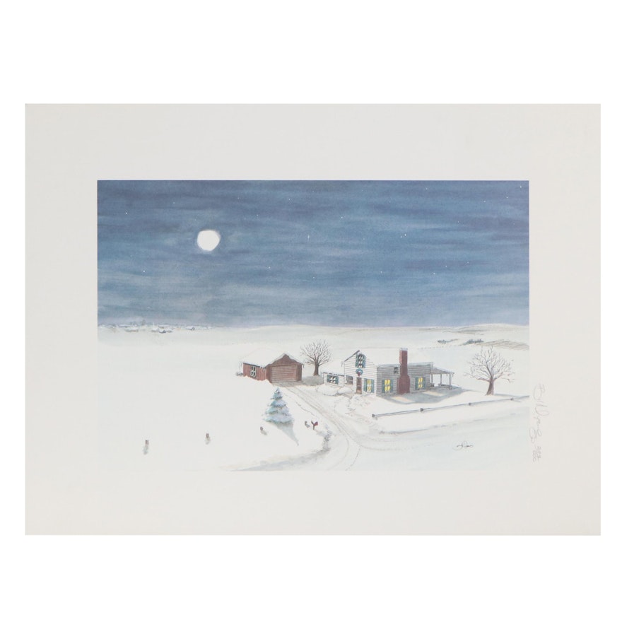 Winter Landscape Offset Lithograph, Late 20th Century