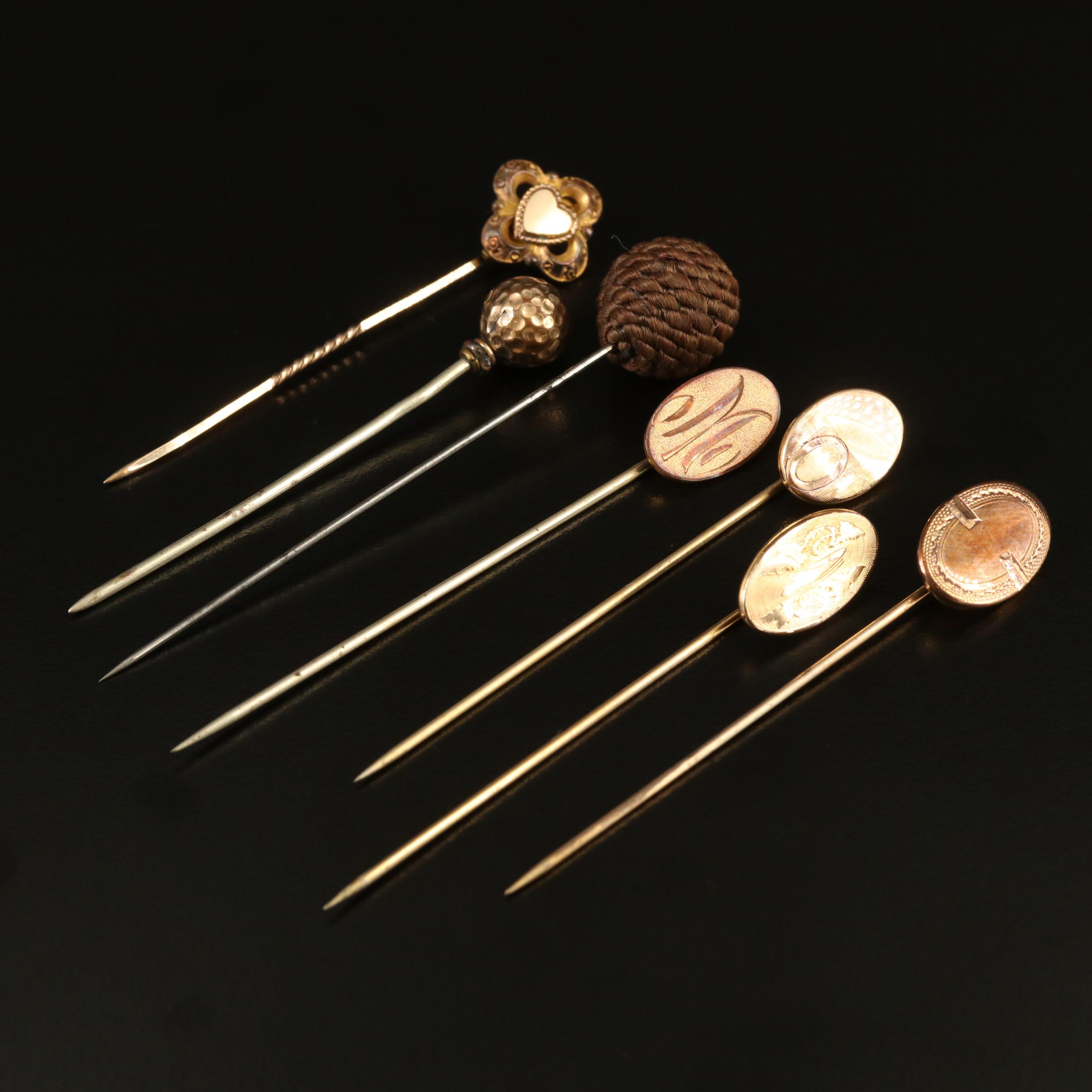 Antique and Vintage Stick Pins Including Victorian Mourning Hair Jewelry