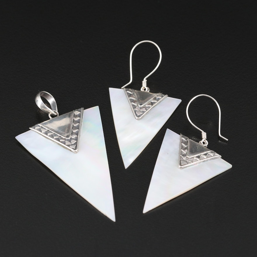 Sterling Silver Mother of Pearl Pendant and Earring Set