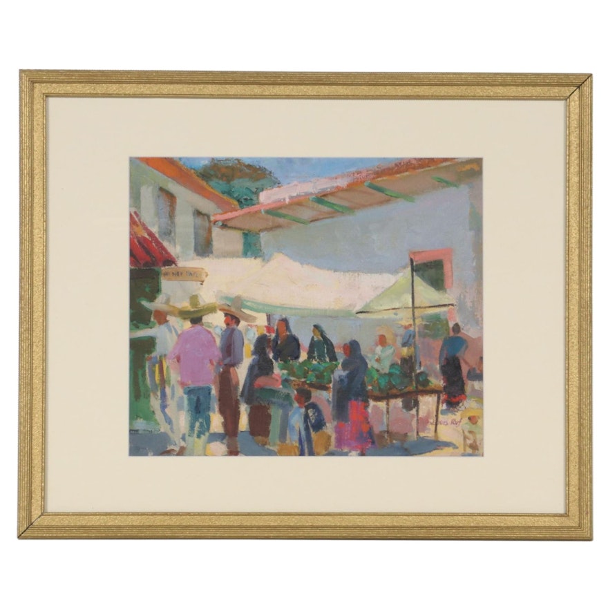 Donald Ruf Oil Painting of Central American Market Scene, 20th Century