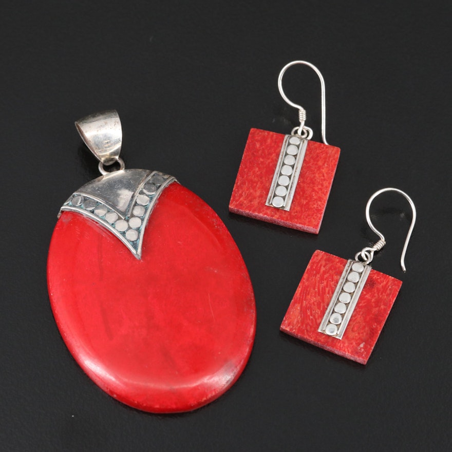 Sterling Silver Coral Complimentary Pendant and Earrings